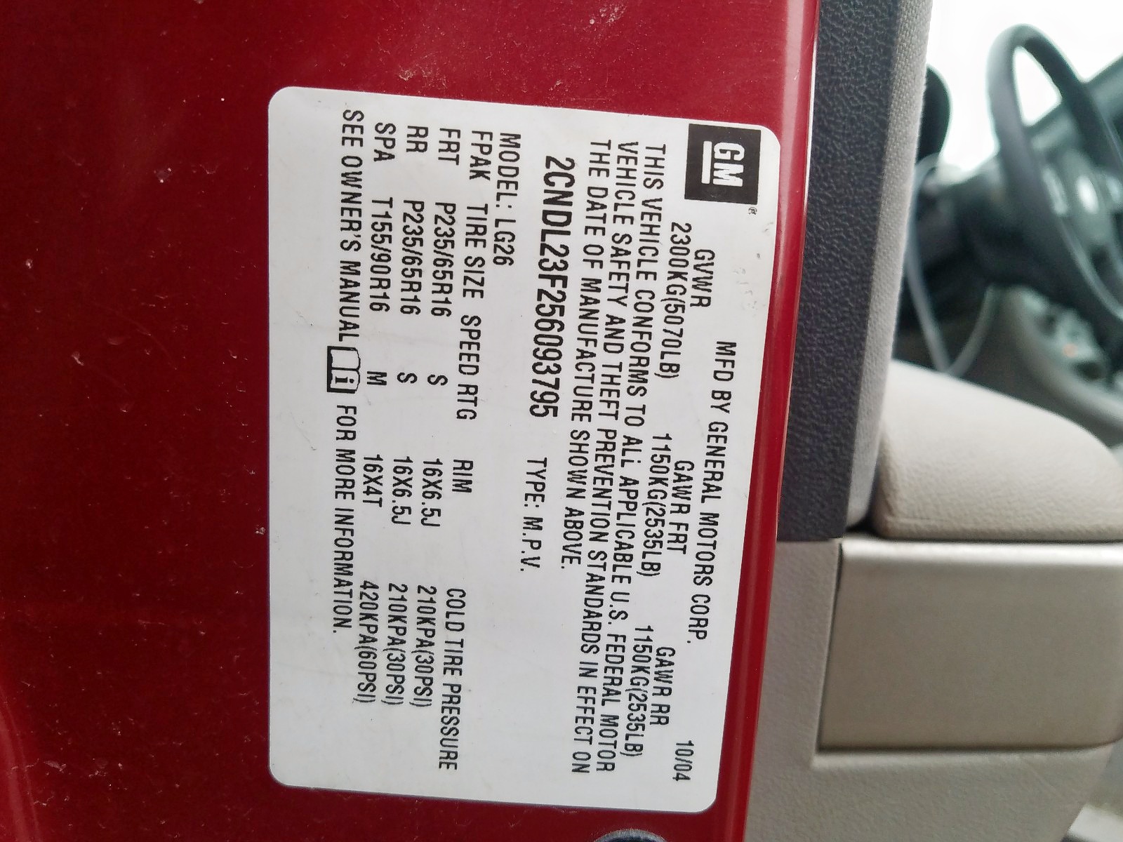 Photo 10 from auction – 2005 CHEVROLET EQUINOX LS with VIN 2CNDL23F256093795
