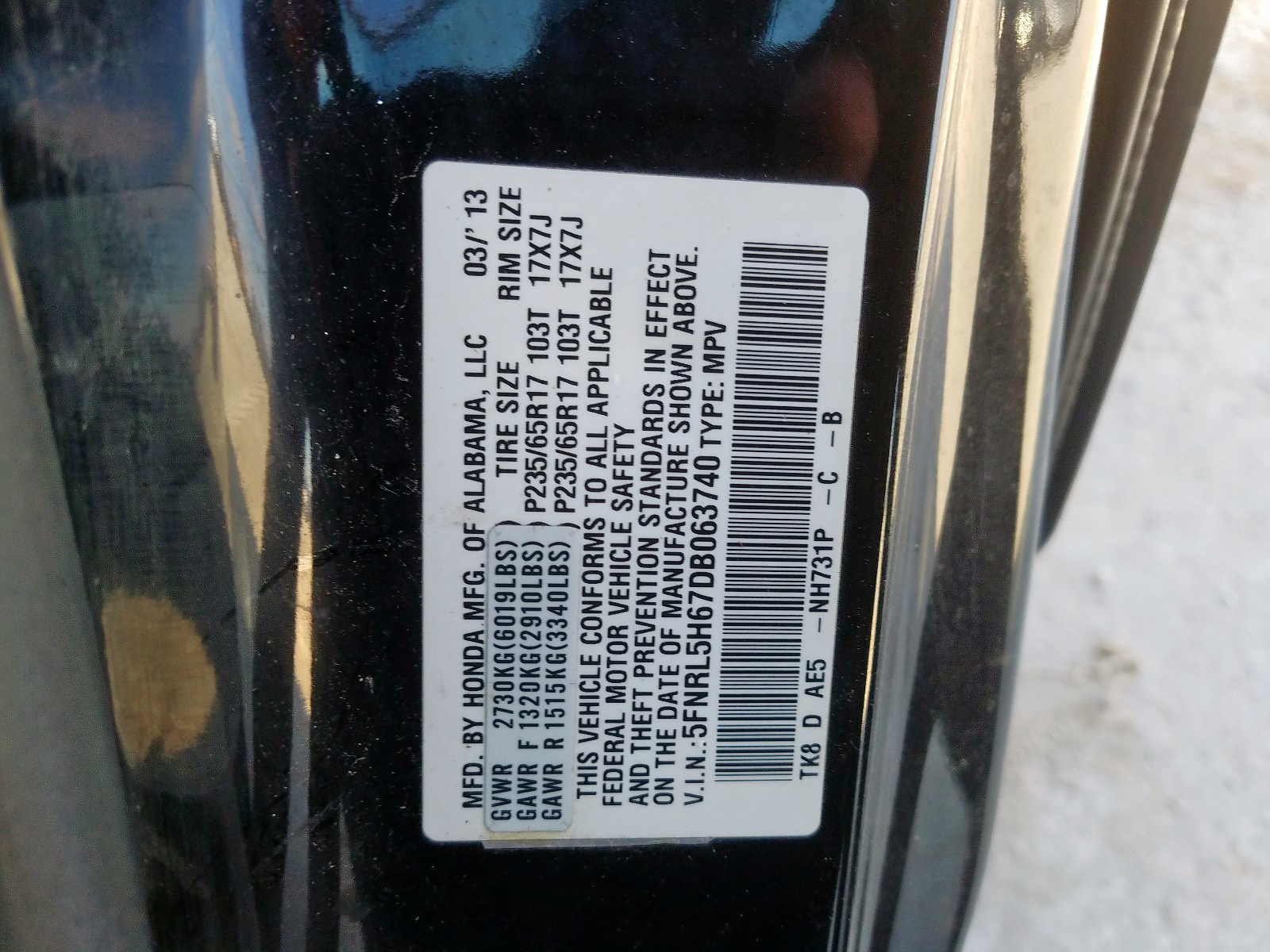 Photo 10 from auction – 2013 HONDA ODYSSEY EX with VIN 5FNRL5H67DB063740