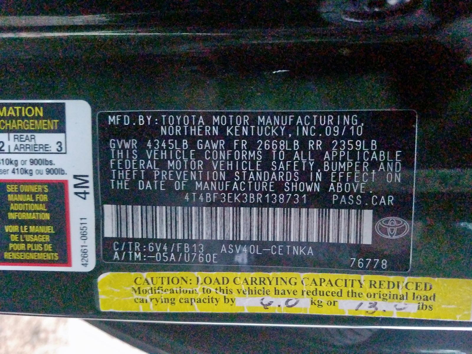 Photo 10 from auction – 2011 TOYOTA CAMRY BASE with VIN 4T4BF3EK3BR138731