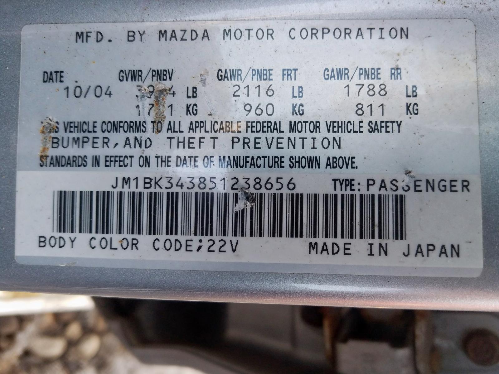 Photo 10 from auction – 2005 MAZDA 3 HATCHBAC with VIN JM1BK343851238656
