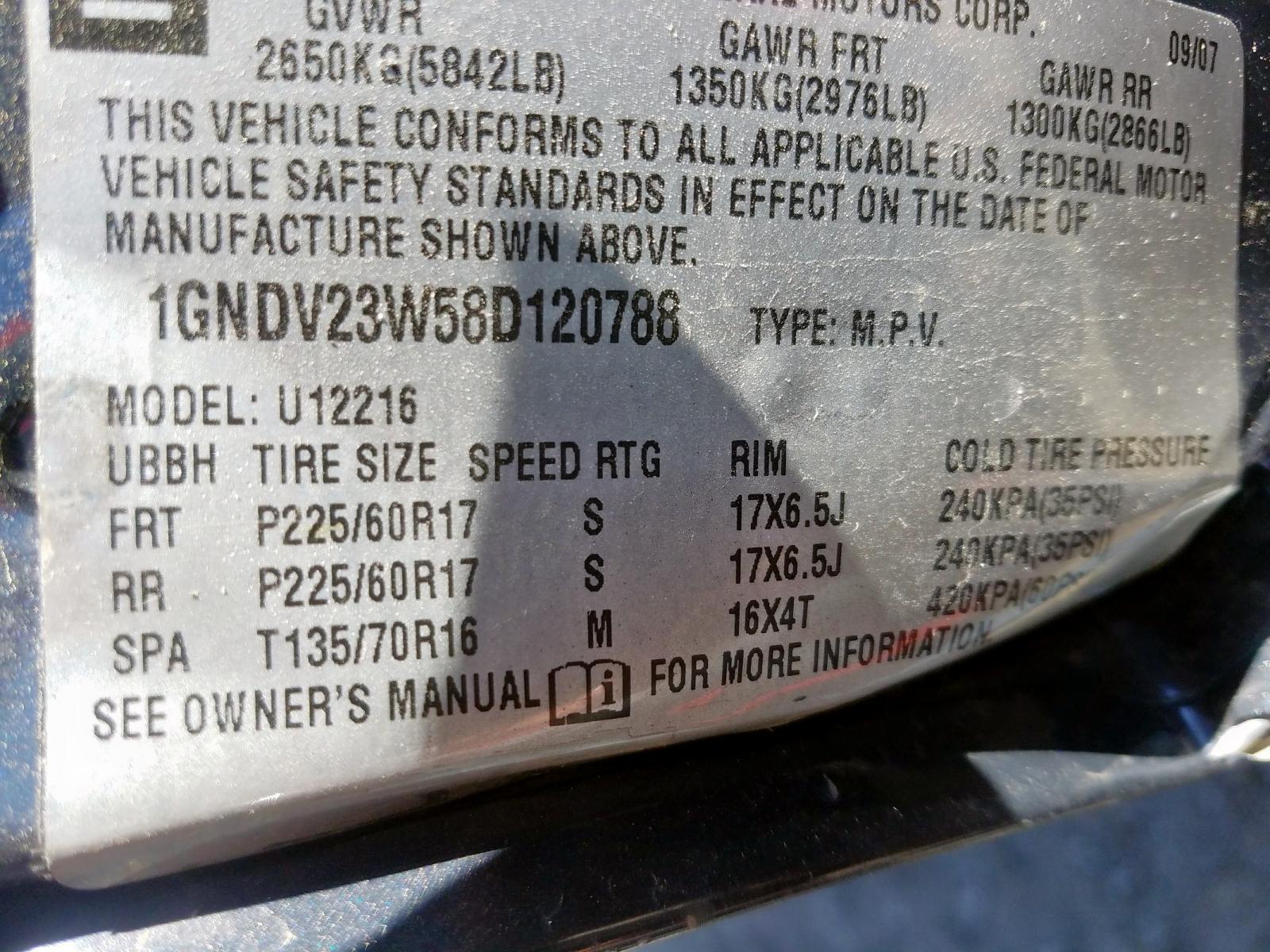 Photo 10 from auction – 2008 CHEVROLET UPLANDER with VIN 1GNDV23W58D120788