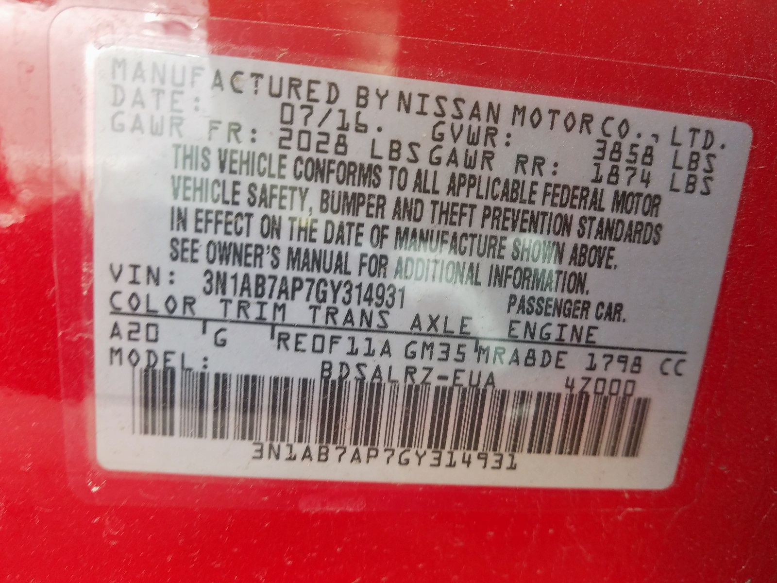 Photo 10 from auction – 2016 NISSAN SENTRA S with VIN 3N1AB7AP7GY314931