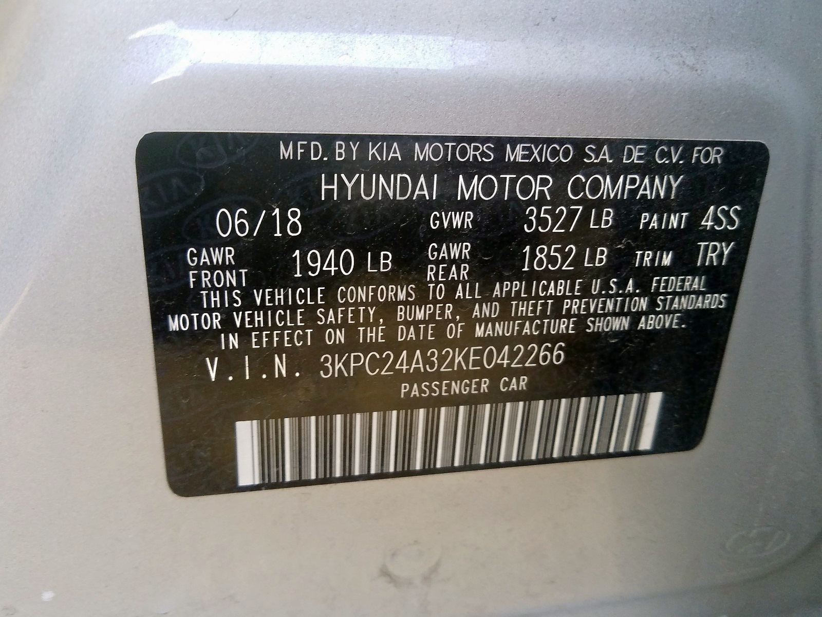 Photo 10 from auction – 2019 HYUNDAI ACCENT SE with VIN 3KPC24A32KE042266
