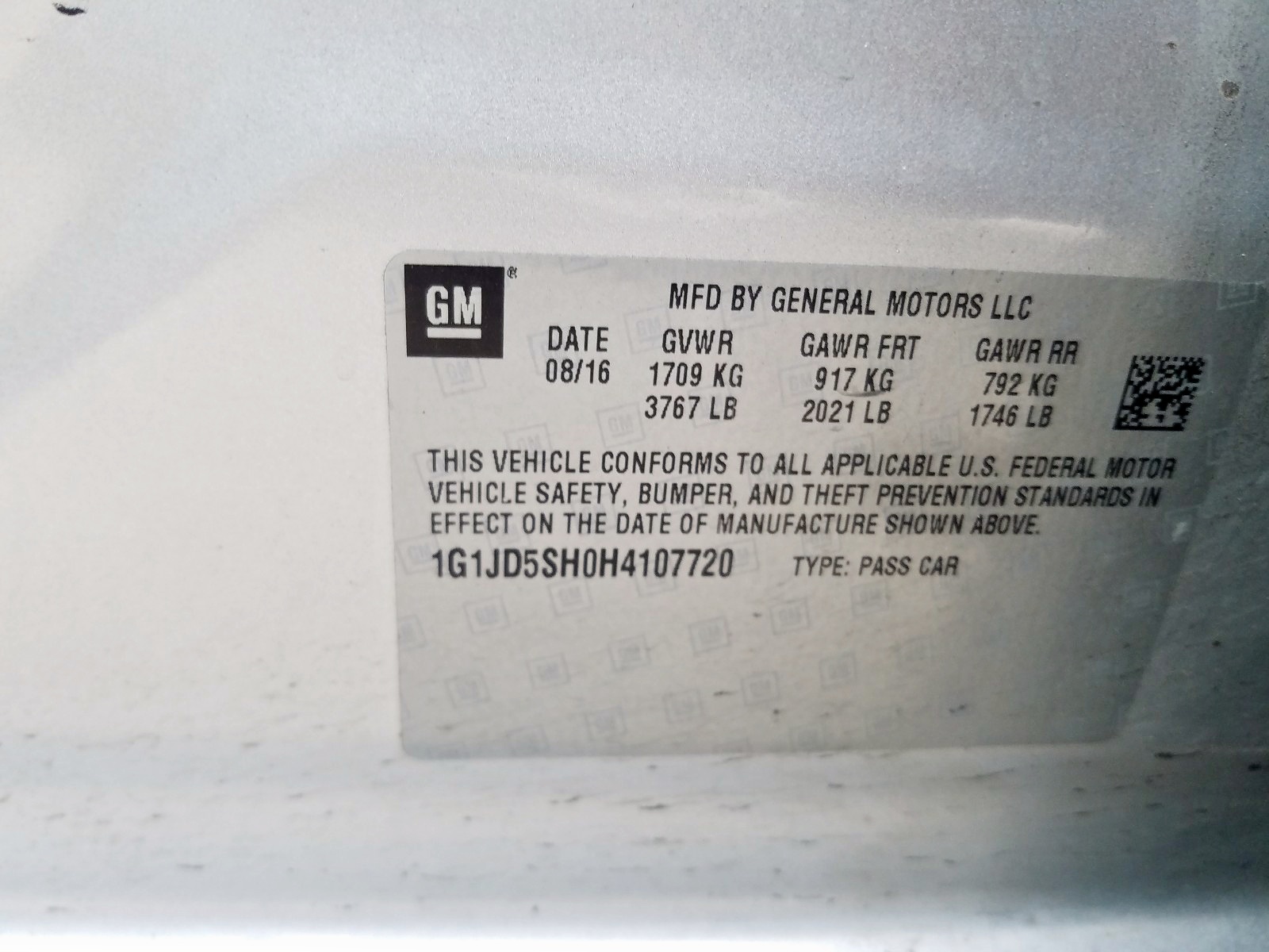 Photo 10 from auction – 2017 CHEVROLET SONIC LT with VIN 1G1JD5SH0H4107720