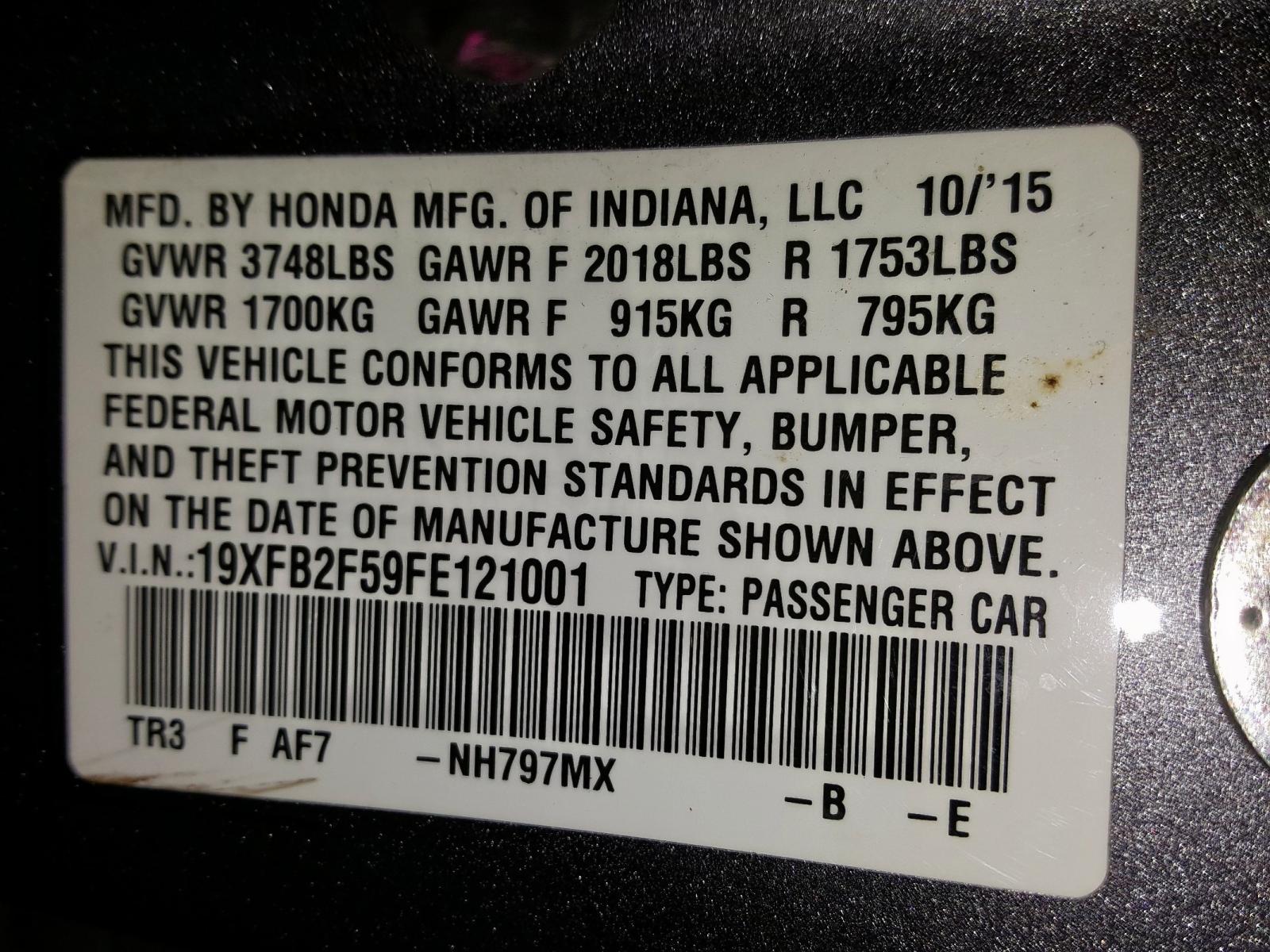 Photo 10 from auction – 2015 HONDA CIVIC LX with VIN 19XFB2F59FE121001