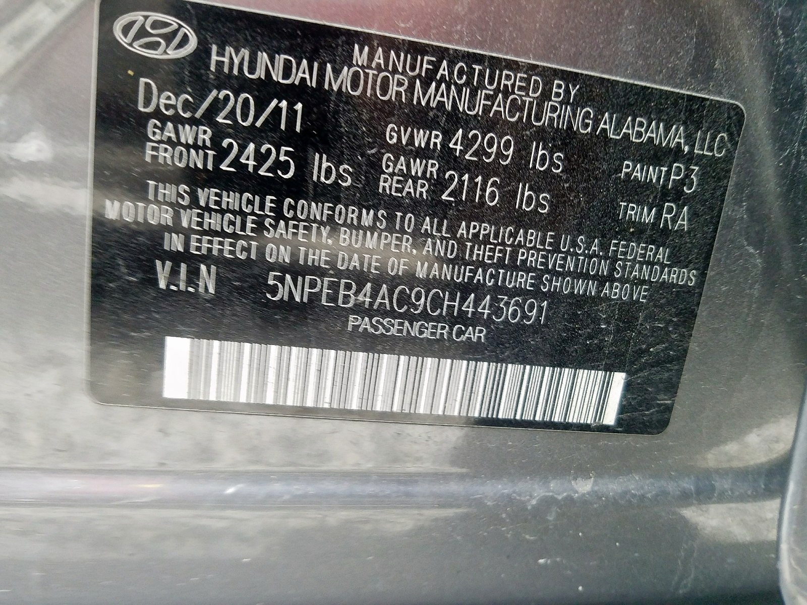 Photo 10 from auction – 2012 HYUNDAI SONATA GLS with VIN 5NPEB4AC9CH443691