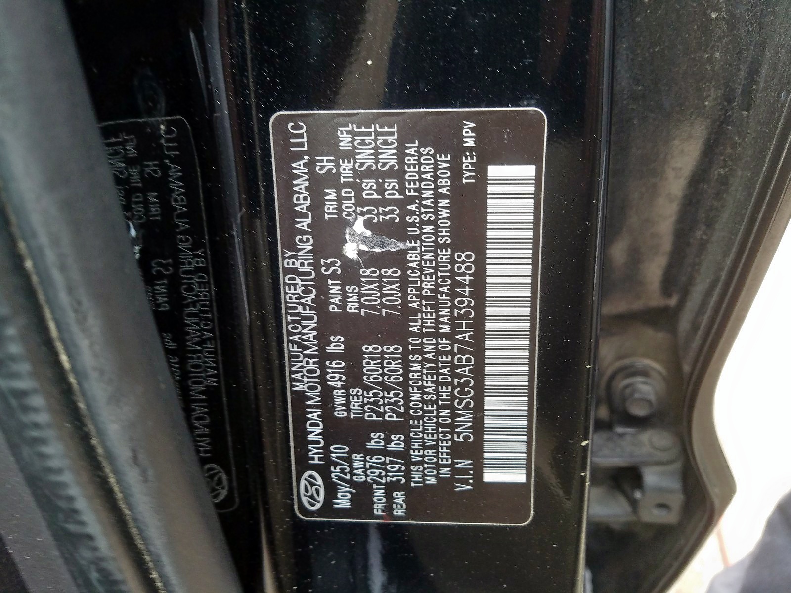 Photo 10 from auction – 2010 HYUNDAI SANTA FE G with VIN 5NMSG3AB7AH394488