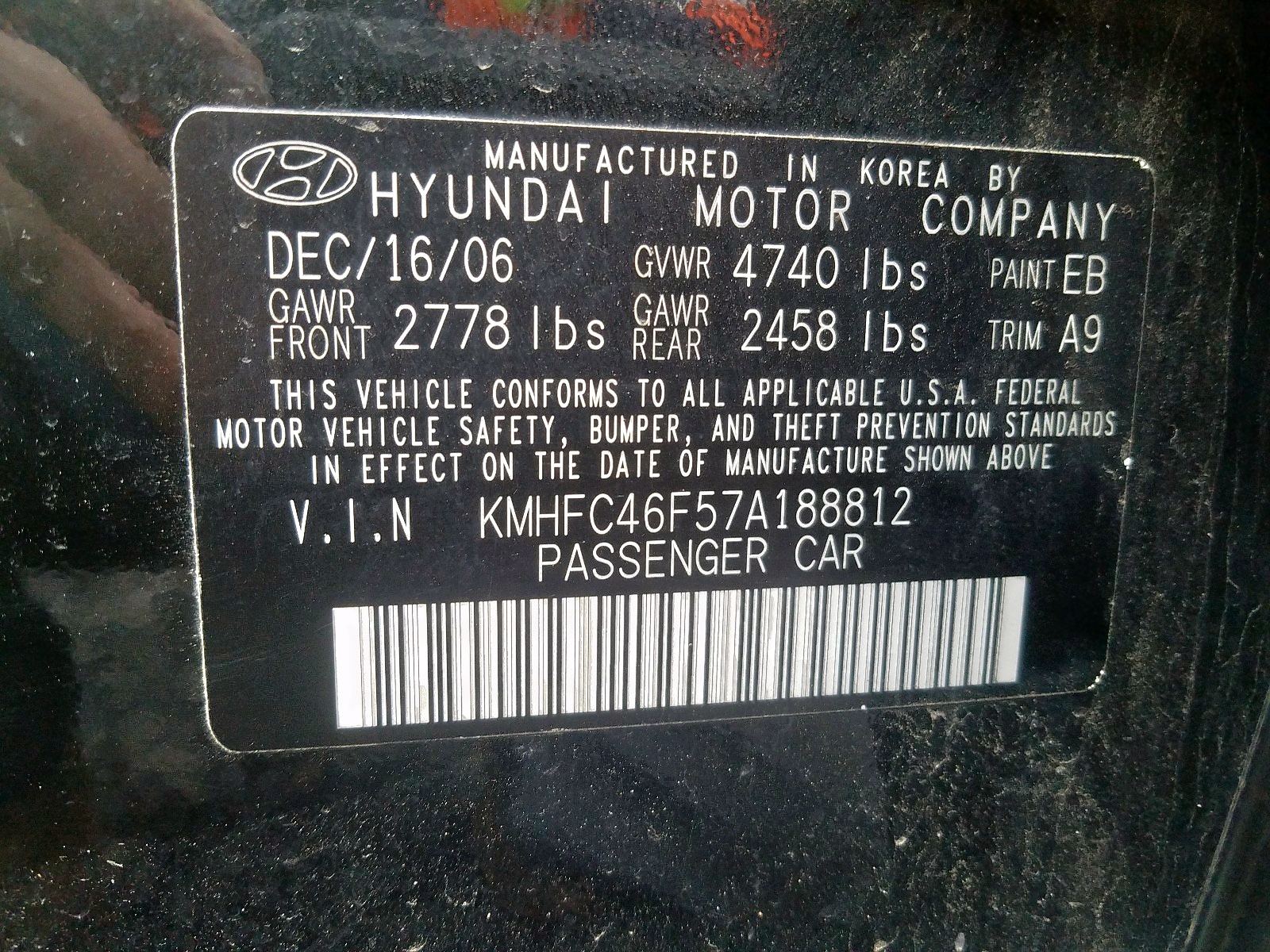 Photo 10 from auction – 2007 HYUNDAI AZERA SE with VIN KMHFC46F57A188812
