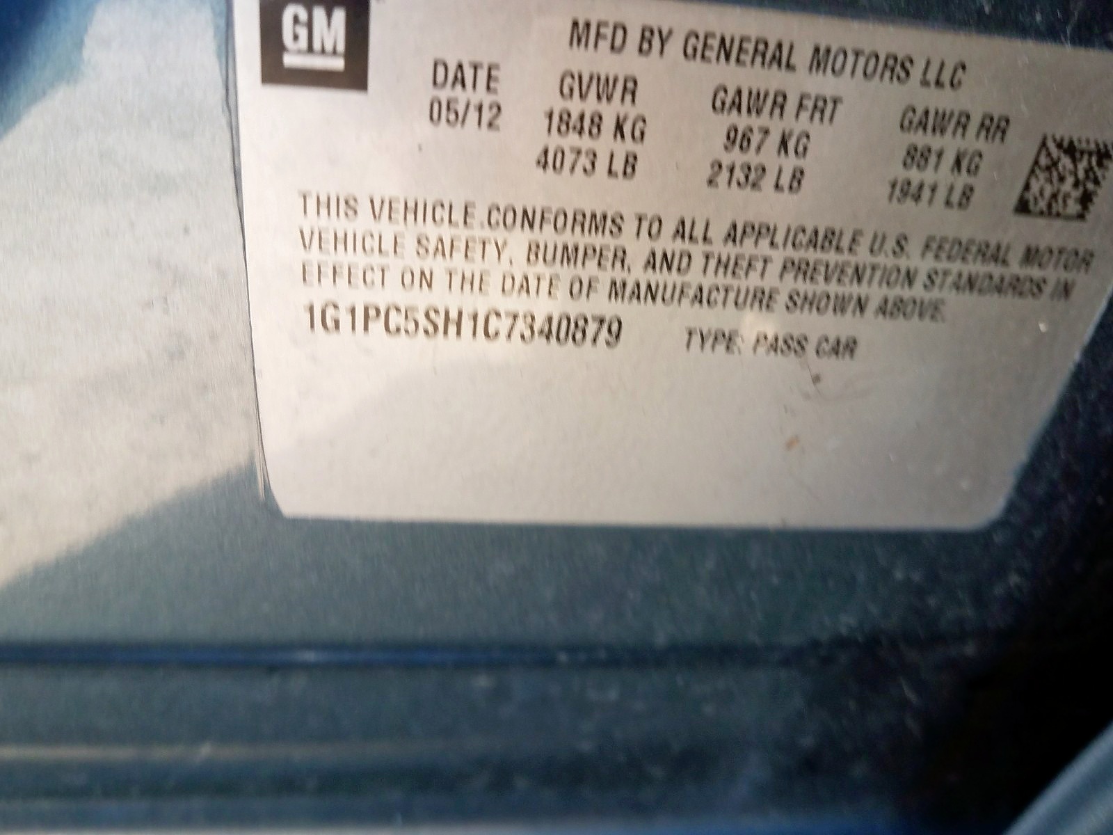 Photo 10 from auction – 2012 CHEVROLET CRUZE LS with VIN 1G1PC5SH1C7340879