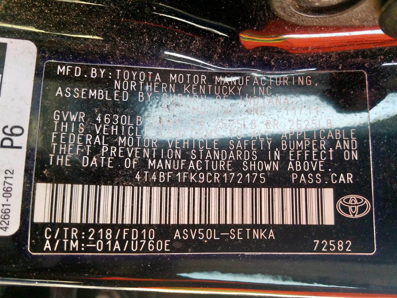 Photo 10 from auction – 2012 TOYOTA CAMRY BASE with VIN 4T4BF1FK9CR172175