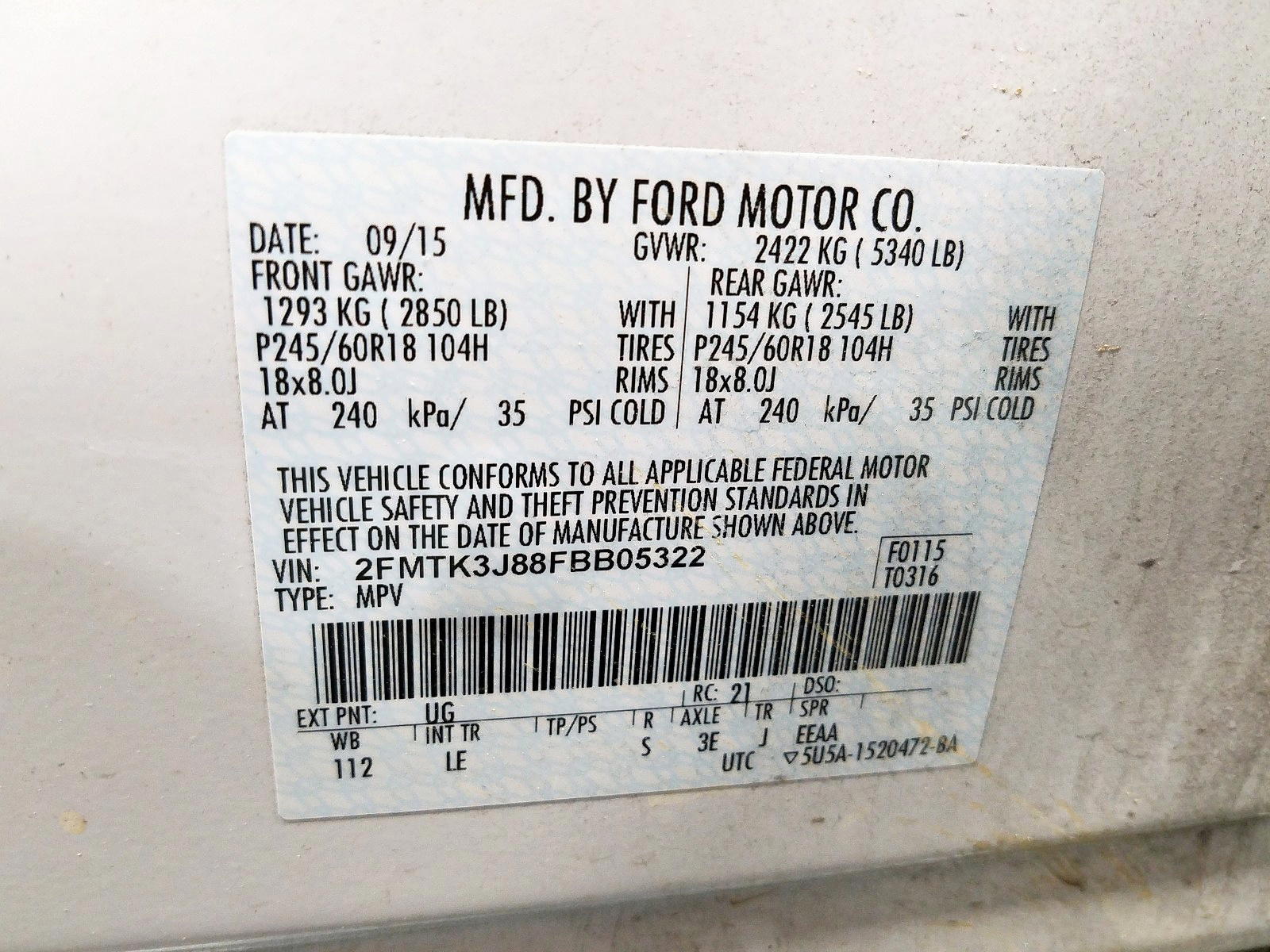Photo 10 from auction – 2015 FORD EDGE SEL with VIN 2FMTK3J88FBB05322