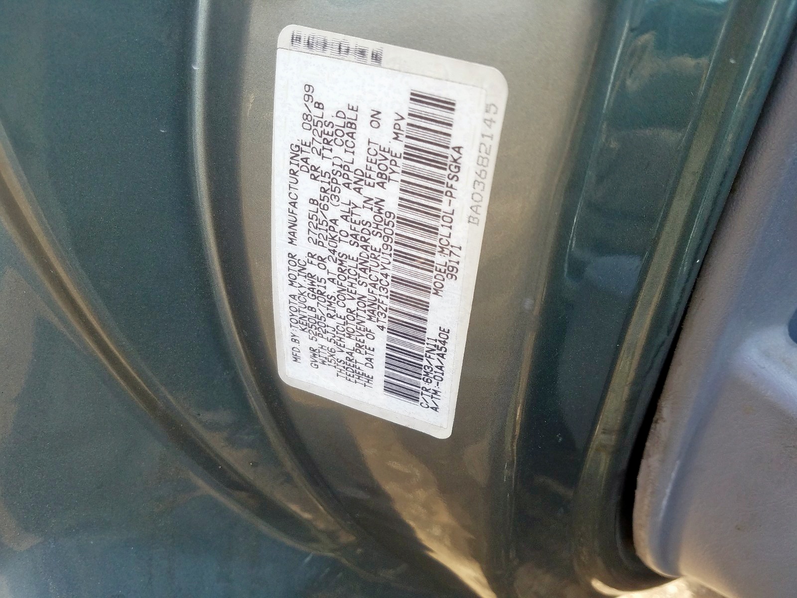 Photo 10 from auction – 2000 TOYOTA SIENNA LE with VIN 4T3ZF13C4YU199059
