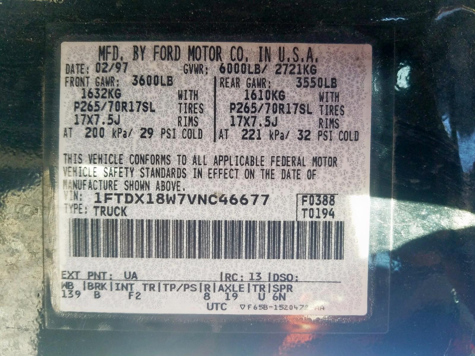 Photo 10 from auction – 1997 FORD F150 with VIN 1FTDX18W7VNC46677