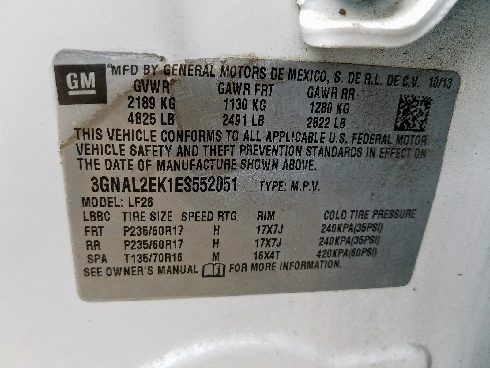 Photo 10 from auction – 2014 CHEVROLET CAPTIVA LS with VIN 3GNAL2EK1ES552051