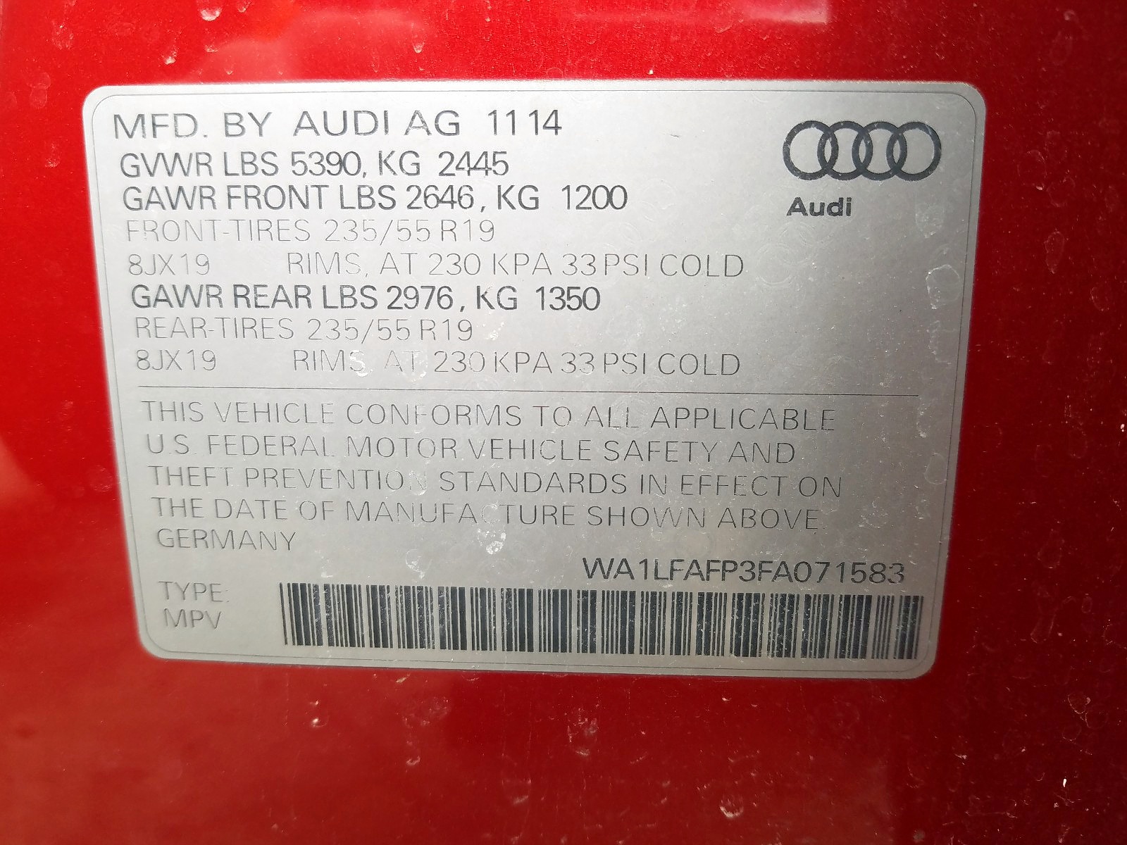 صورة رقم 10 من المزاد - 2015 AUDI Q5 PREMIUM مع VIN WA1LFAFP3FA071583