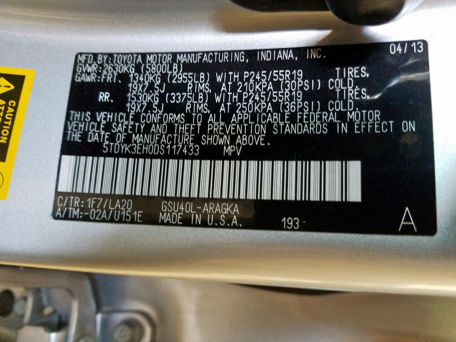 Photo 10 from auction – 2013 TOYOTA HIGHLANDER with VIN 5TDYK3EH0DS117433