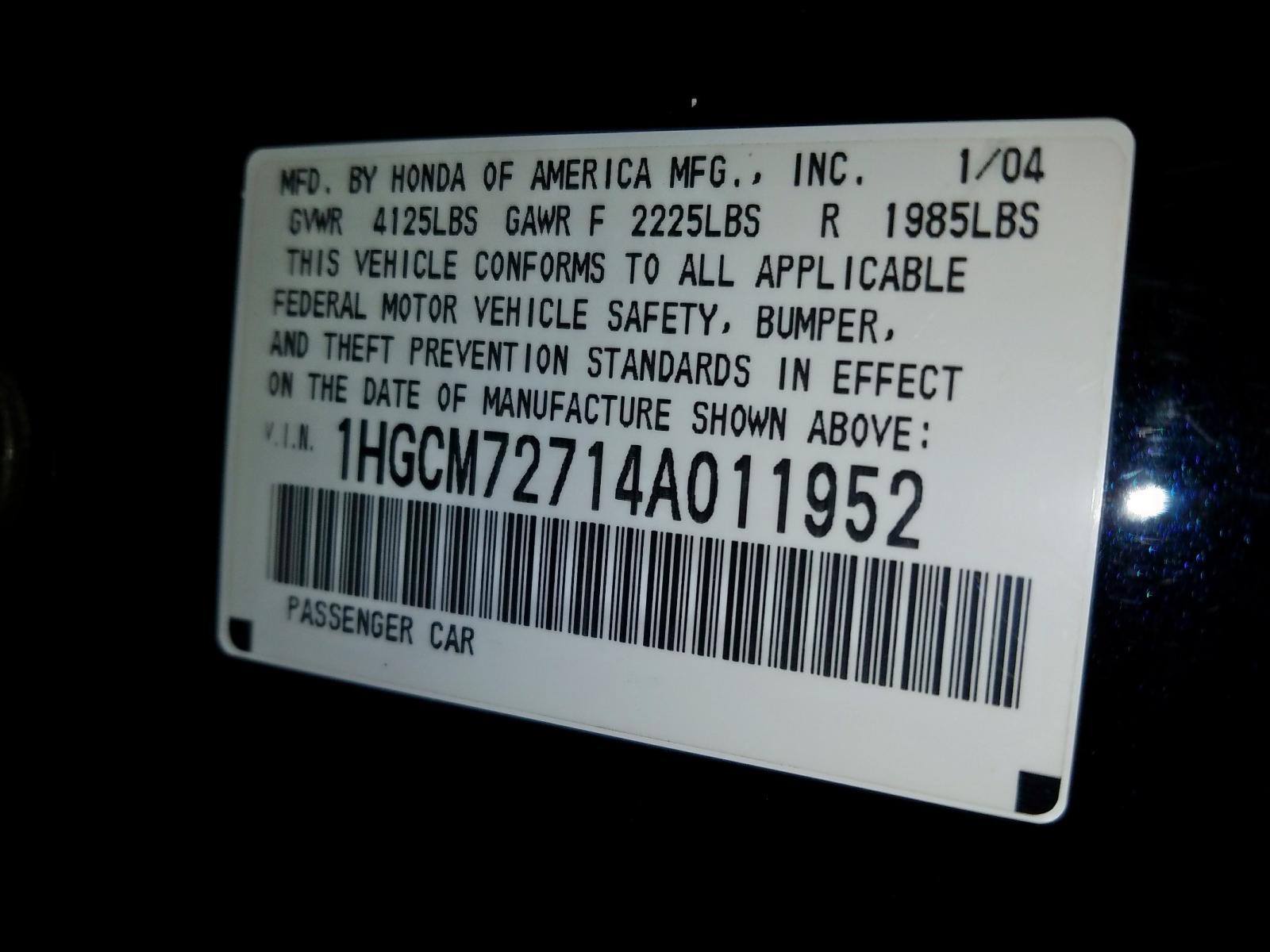 Photo 10 from auction – 2004 HONDA ACCORD EX with VIN 1HGCM72714A011952