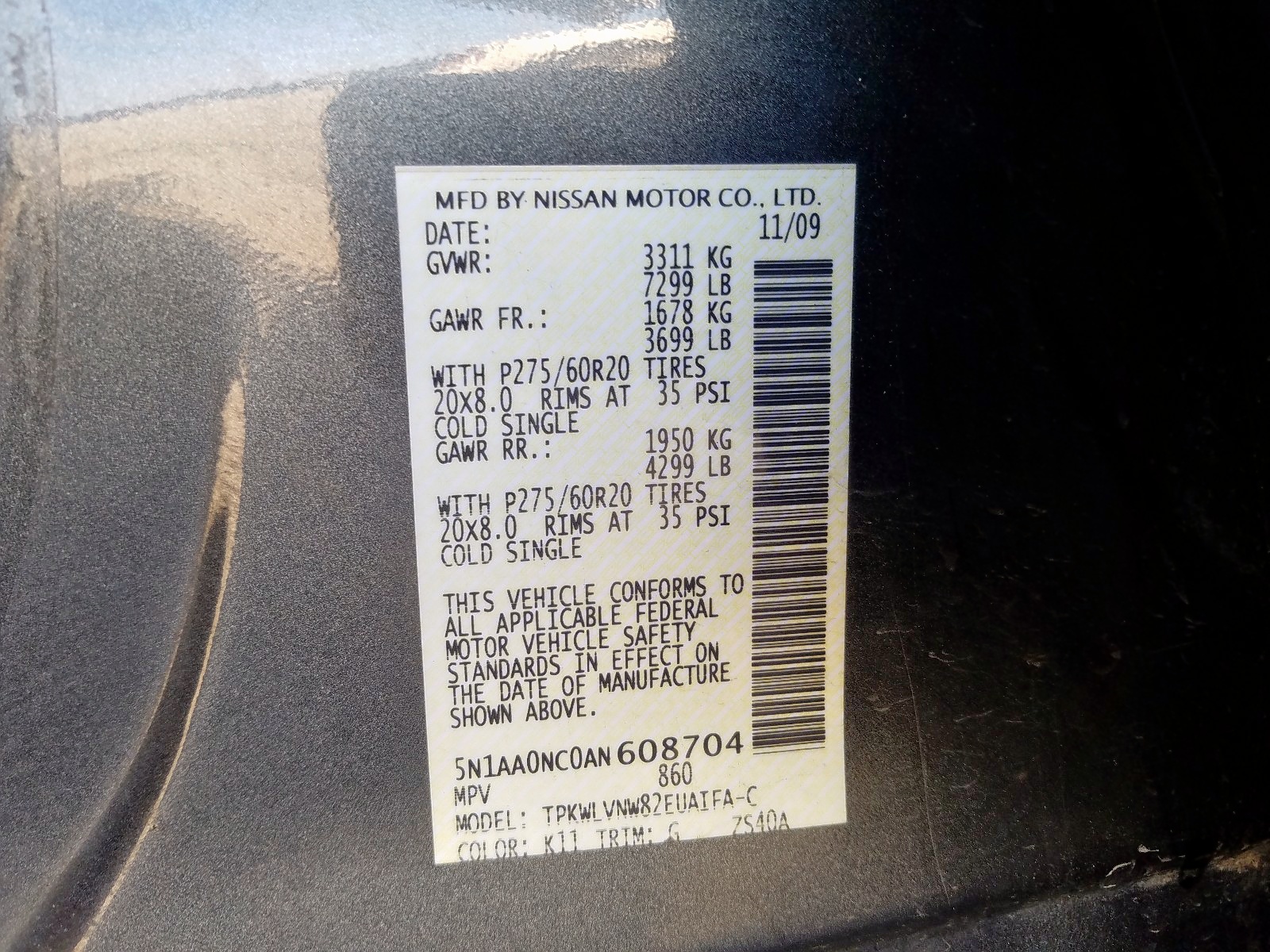 Photo 10 from auction – 2010 NISSAN ARMADA SE with VIN 5N1AA0NC0AN608704
