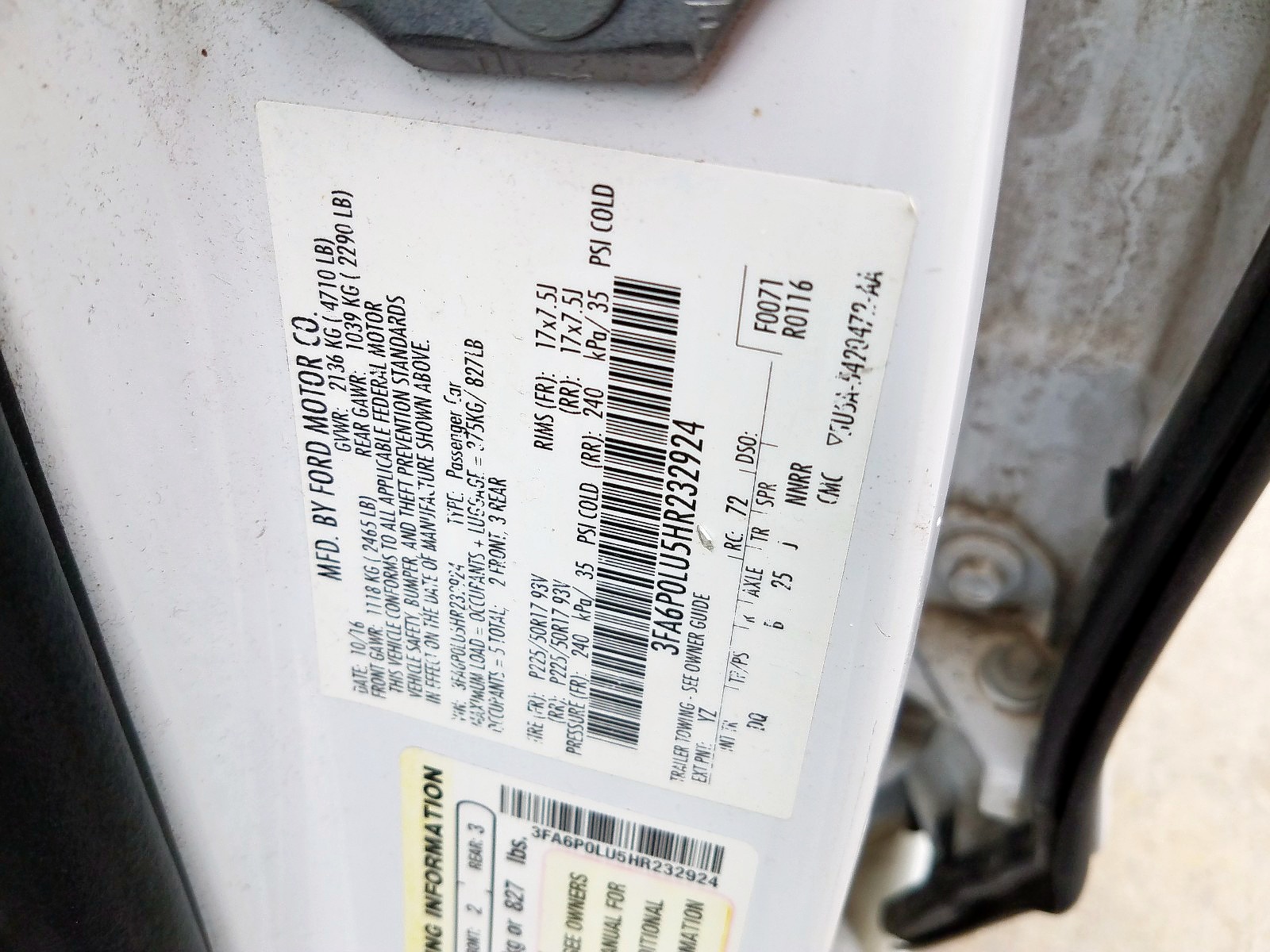 Photo 10 from auction – 2017 FORD FUSION SE with VIN 3FA6P0LU5HR232924