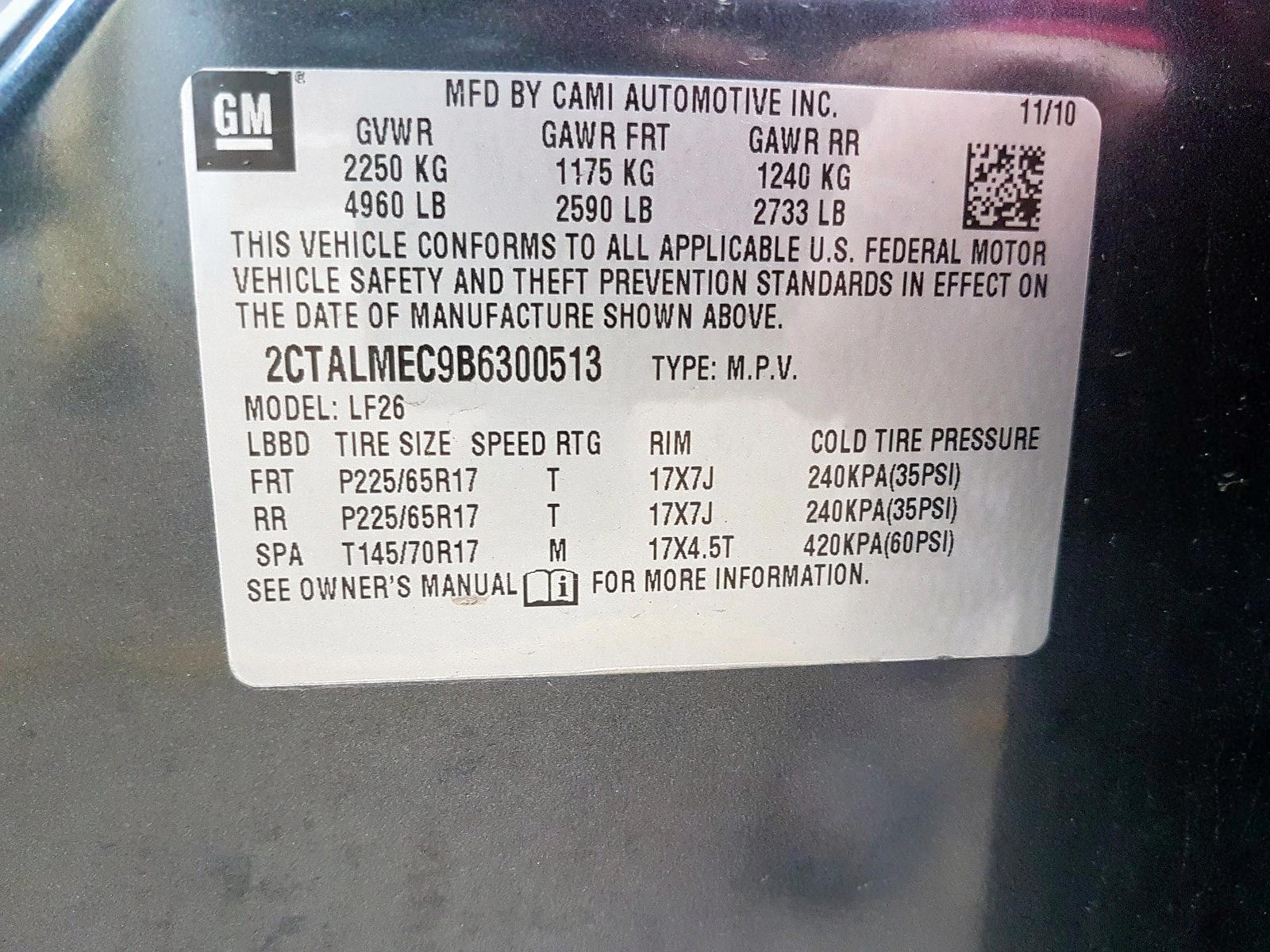 Photo 10 from auction – 2011 GMC TERRAIN SL with VIN 2CTALMEC9B6300513