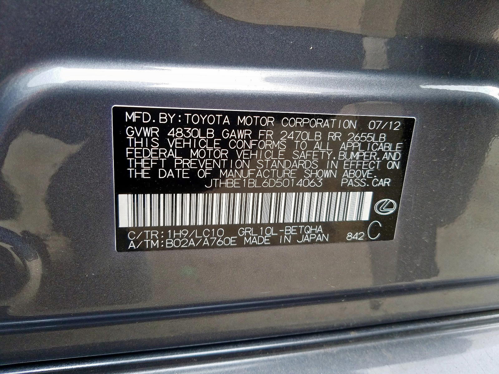 Photo 10 from auction – 2013 LEXUS GS 350 with VIN JTHBE1BL6D5014063