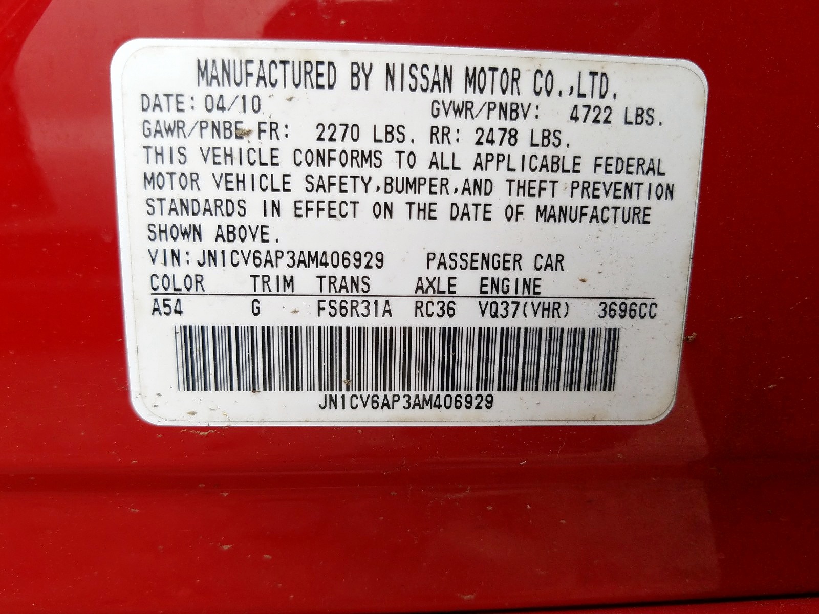 Photo 10 from auction – 2010 INFINITI G37 BASE with VIN JN1CV6AP3AM406929