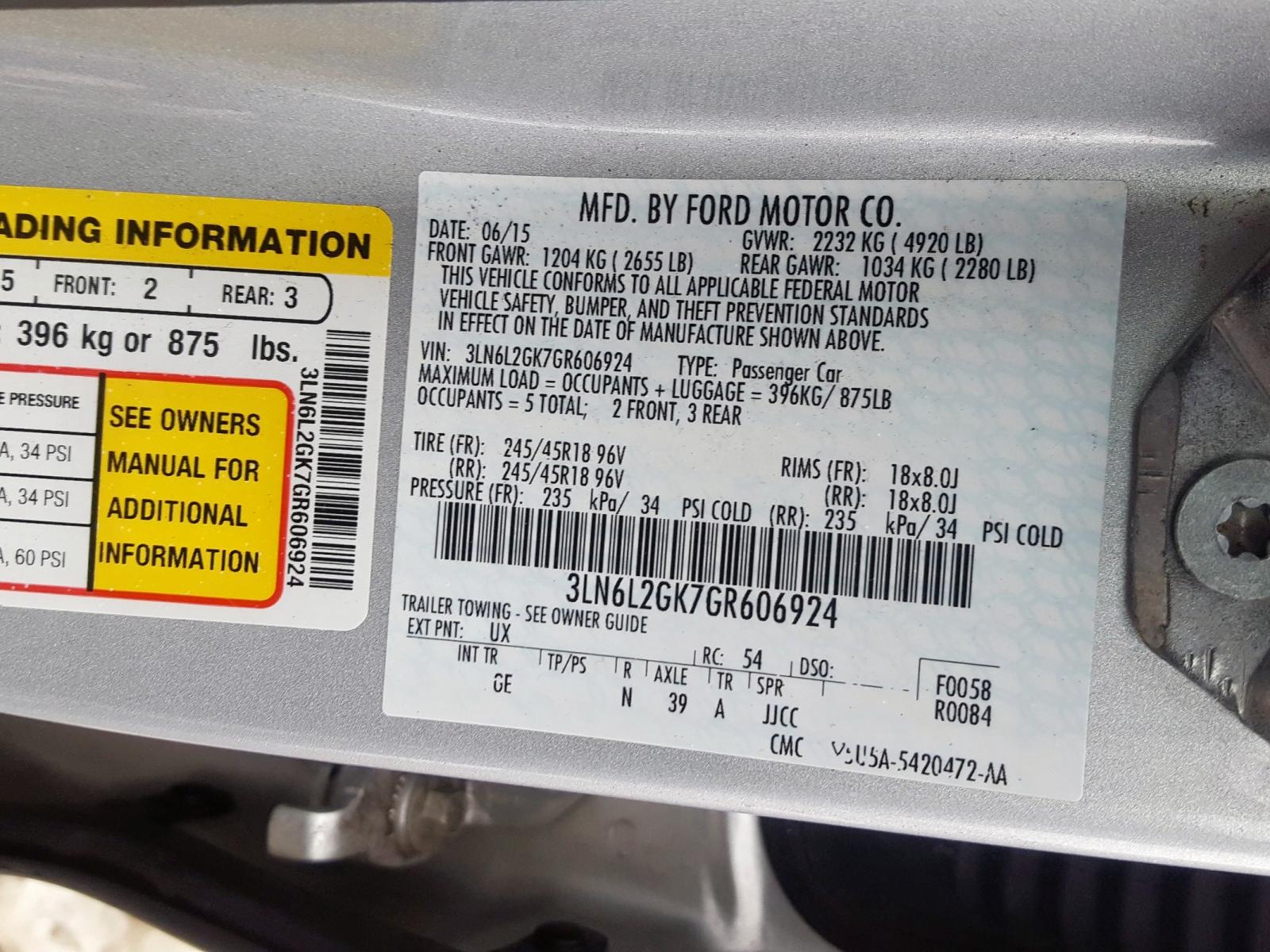 Photo 10 from auction – 2016 LINCOLN MKZ with VIN 3LN6L2GK7GR606924