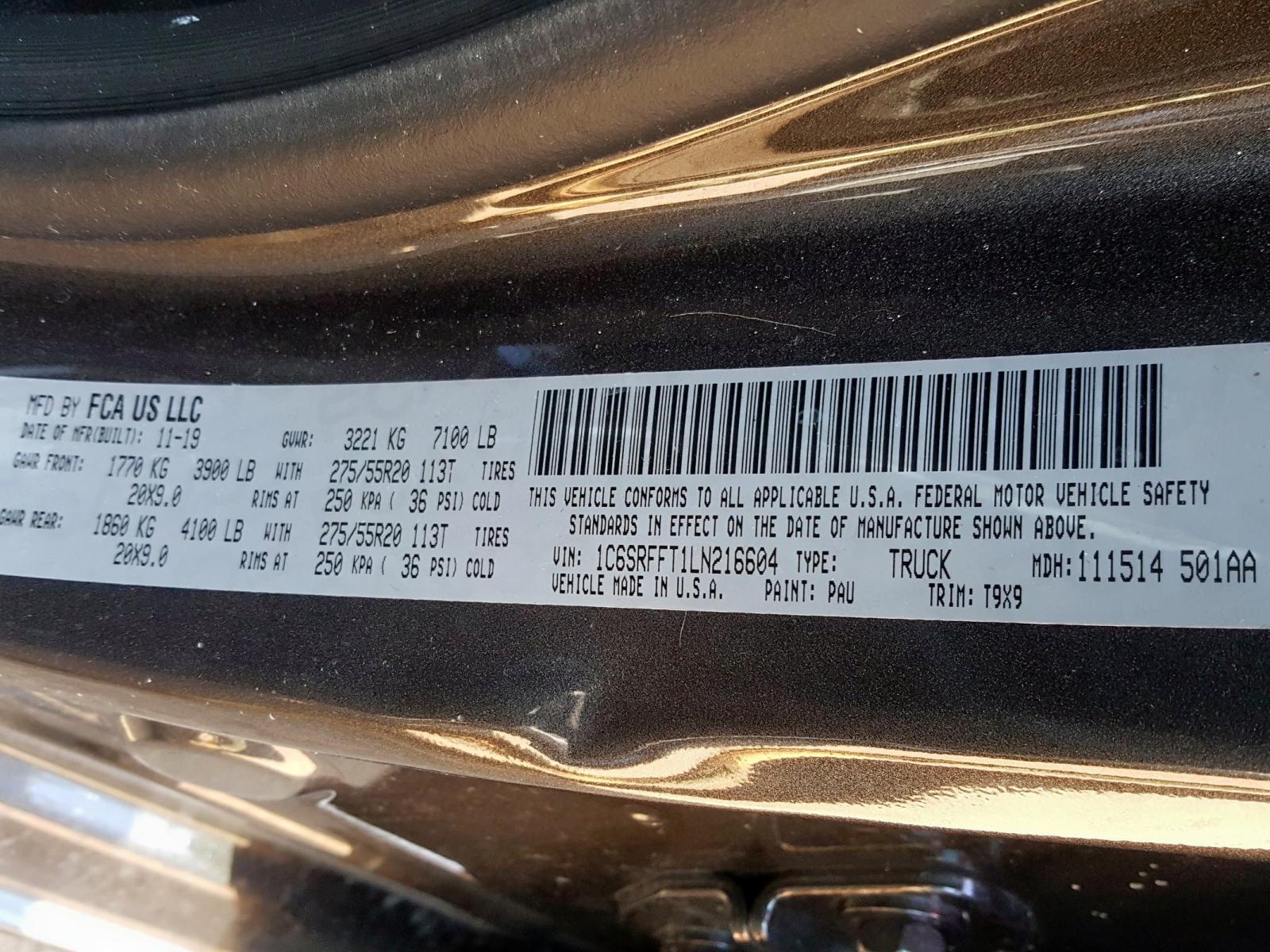 Photo 10 from auction – 2020 RAM 1500 BIG H with VIN 1C6SRFFT1LN216604