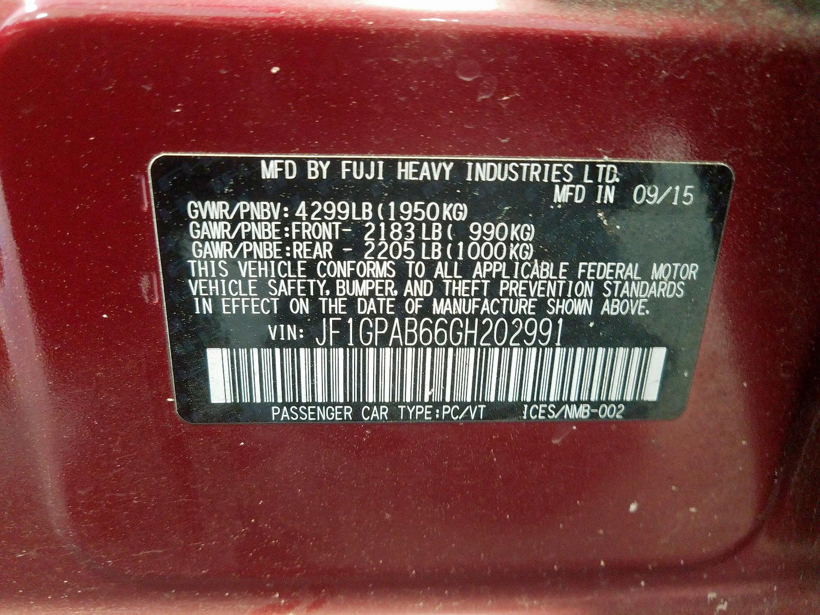 Photo 10 from auction – 2016 SUBARU IMPREZA PR with VIN JF1GPAB66GH202991