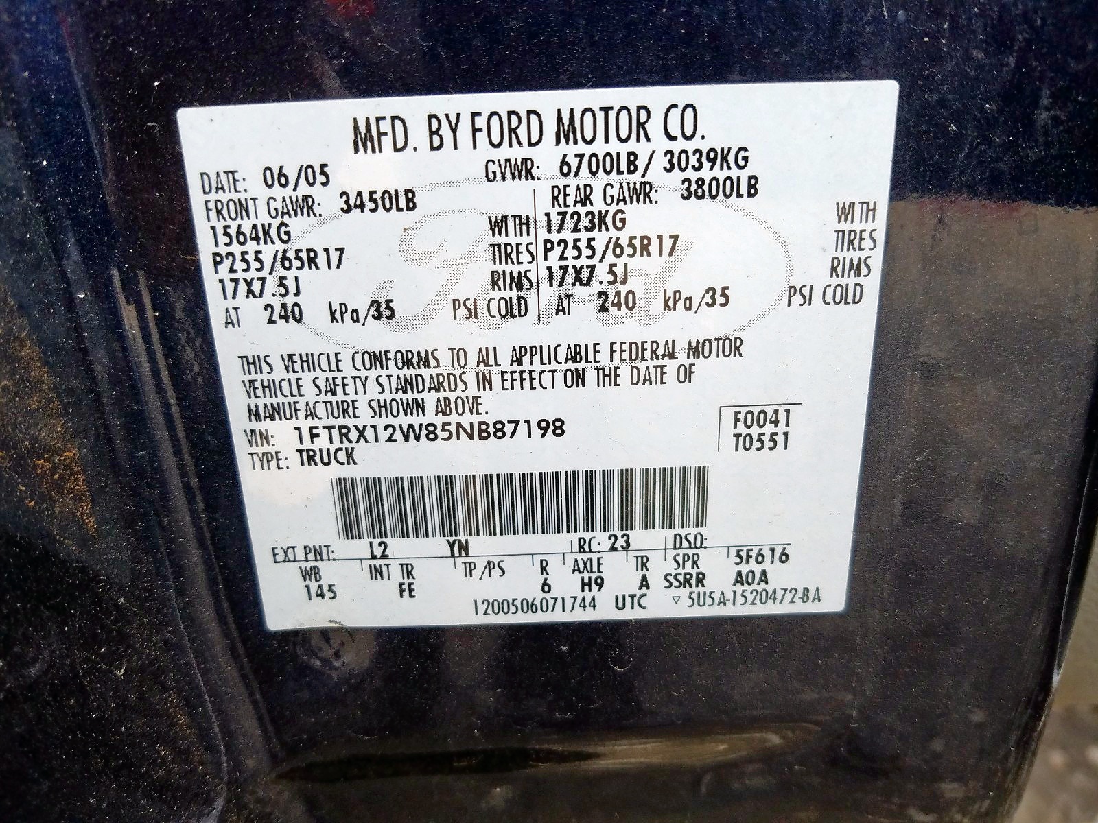 Zdjęcie 10 z aukcji – 2005 FORD F150 z VIN 1FTRX12W85NB87198