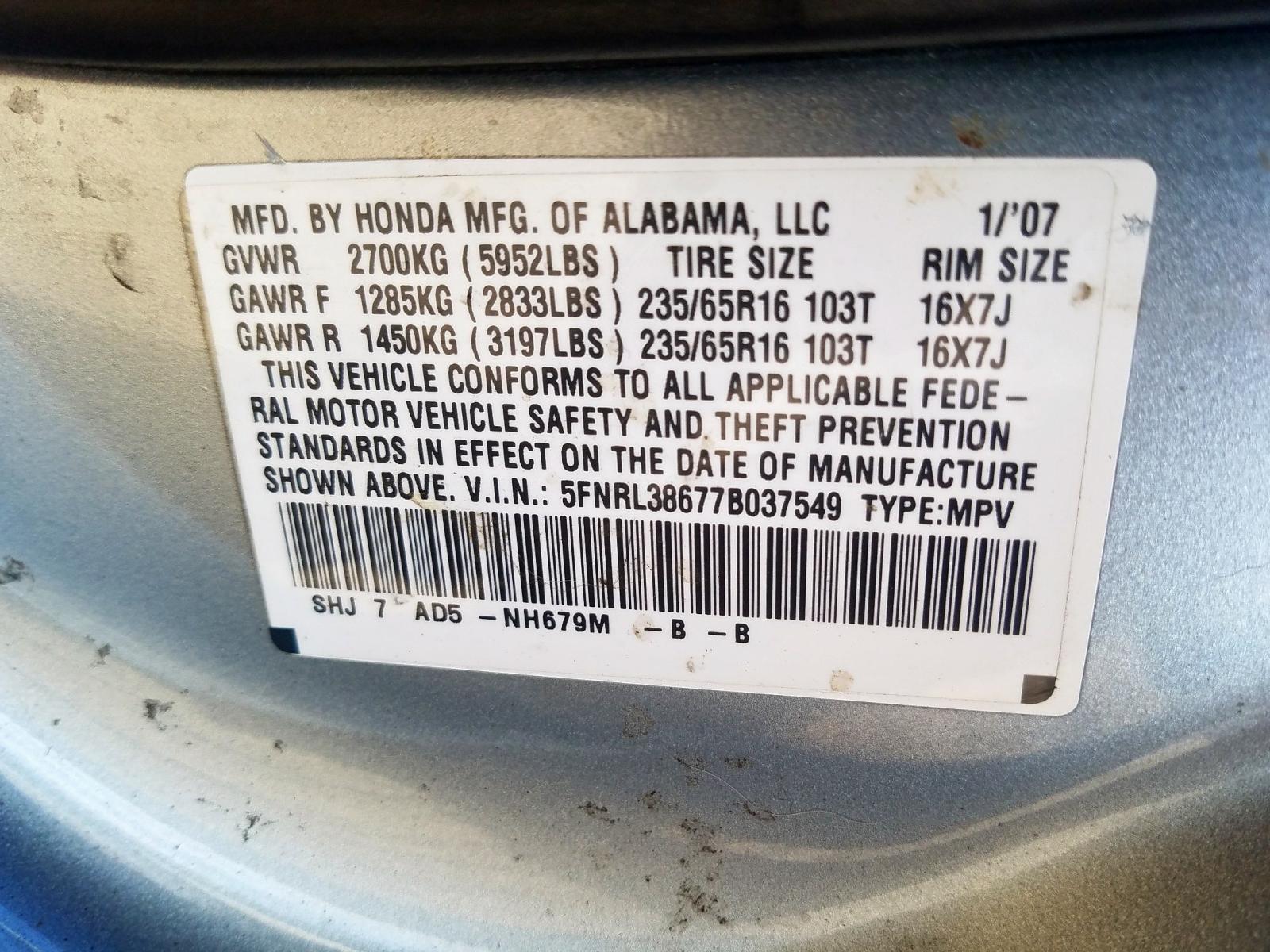 Photo 10 from auction – 2007 HONDA ODYSSEY EX with VIN 5FNRL38677B037549