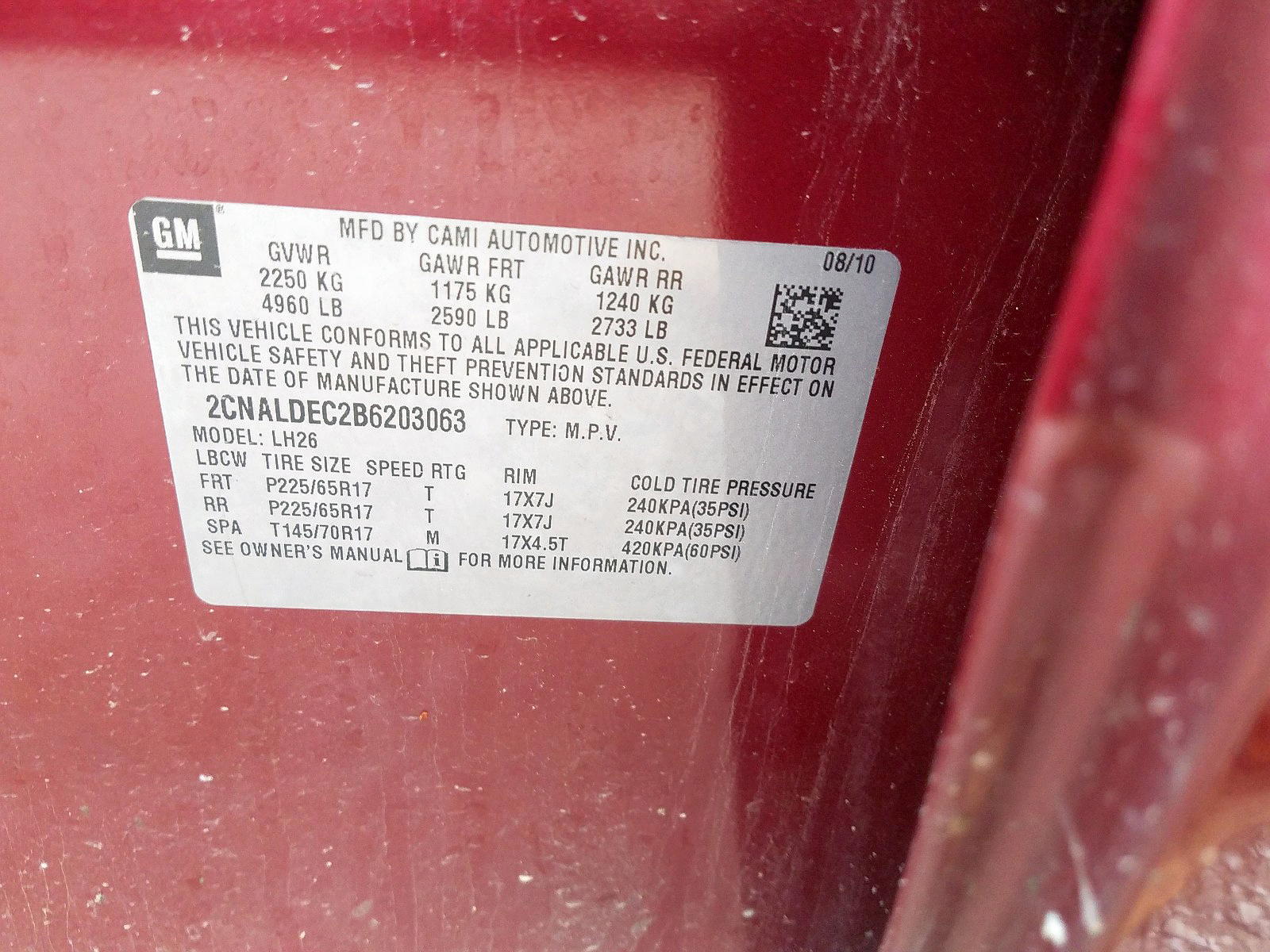 Photo 10 from auction – 2011 CHEVROLET EQUINOX LT with VIN 2CNALDEC2B6203063
