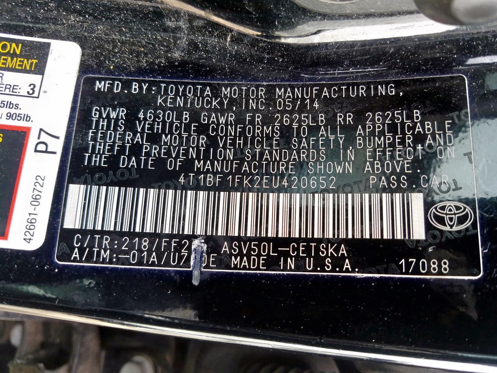 Photo 10 from auction – 2014 TOYOTA CAMRY with VIN 4T1BF1FK2EU420652