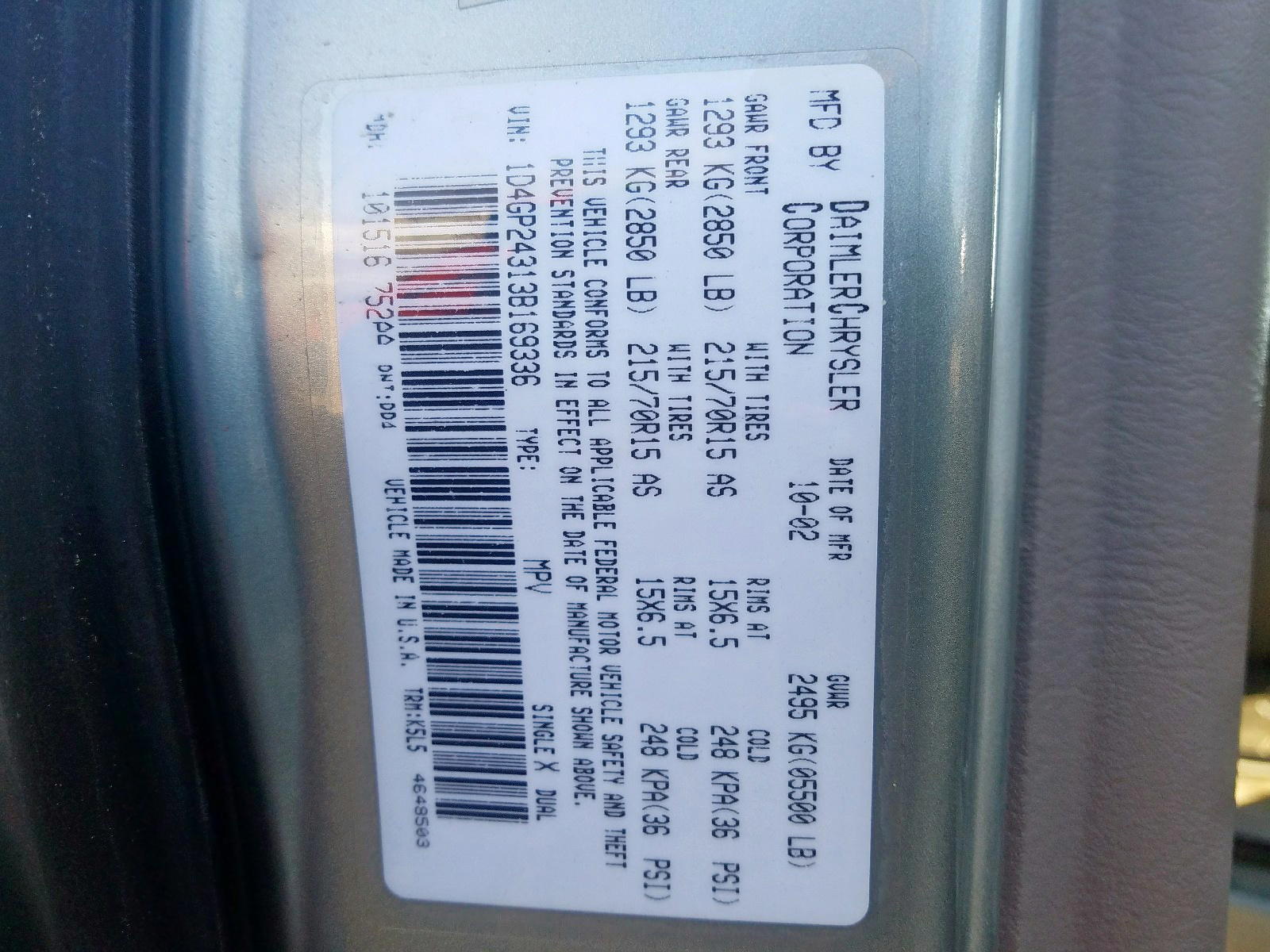 Photo 10 from auction – 2003 DODGE GRAND CARA with VIN 1D4GP24313B169336