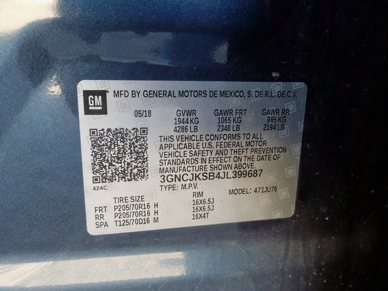 Photo 10 from auction – 2018 CHEVROLET TRAX LS with VIN 3GNCJKSB4JL399687