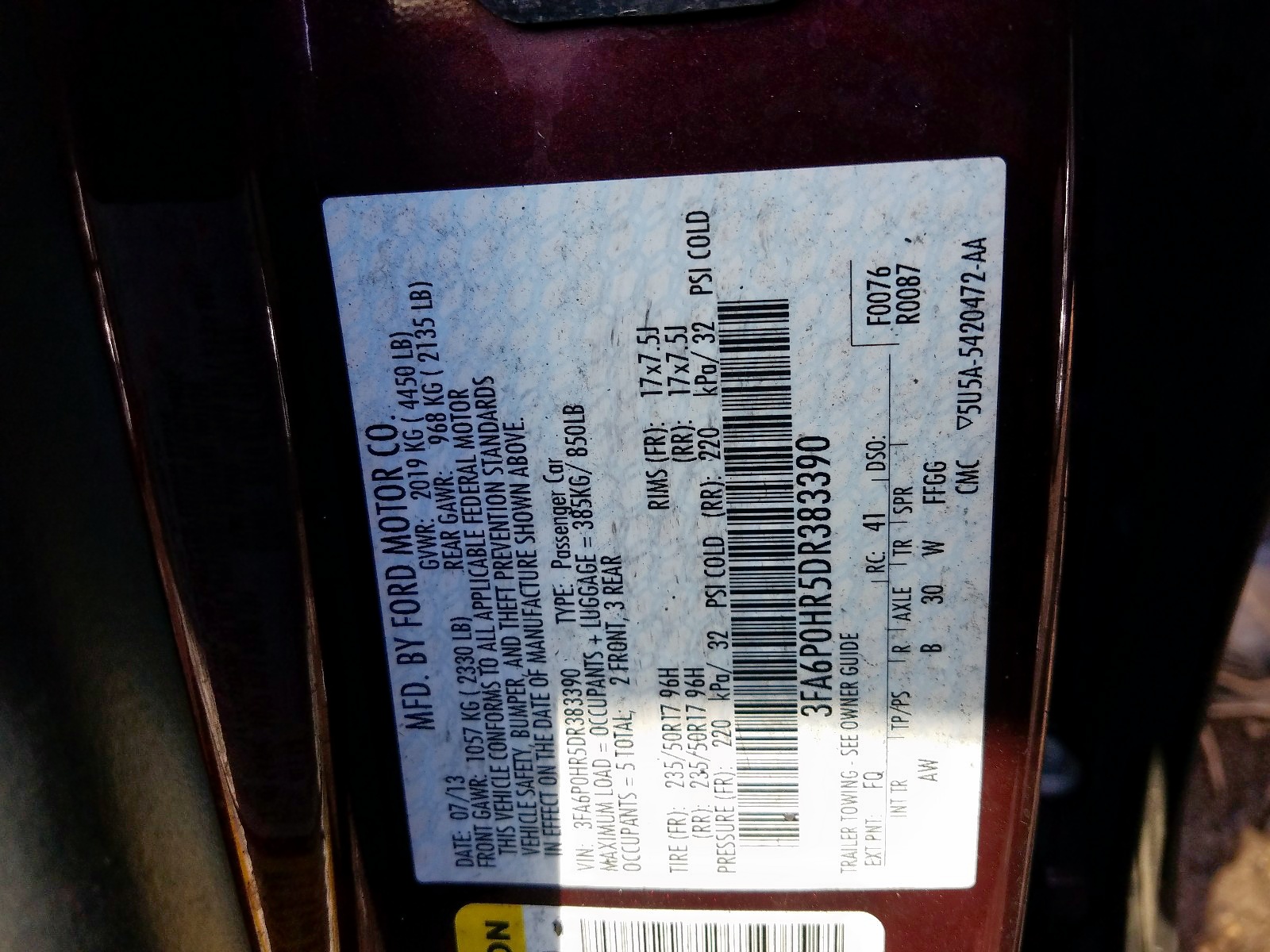Photo 10 from auction – 2013 FORD FUSION SE with VIN 3FA6P0HR5DR383390