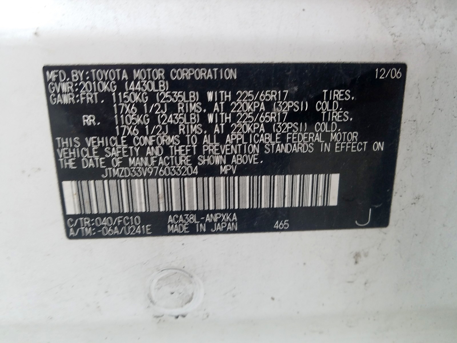 Zdjęcie 10 z aukcji – 2007 TOYOTA RAV4 z VIN JTMZD33V976033204