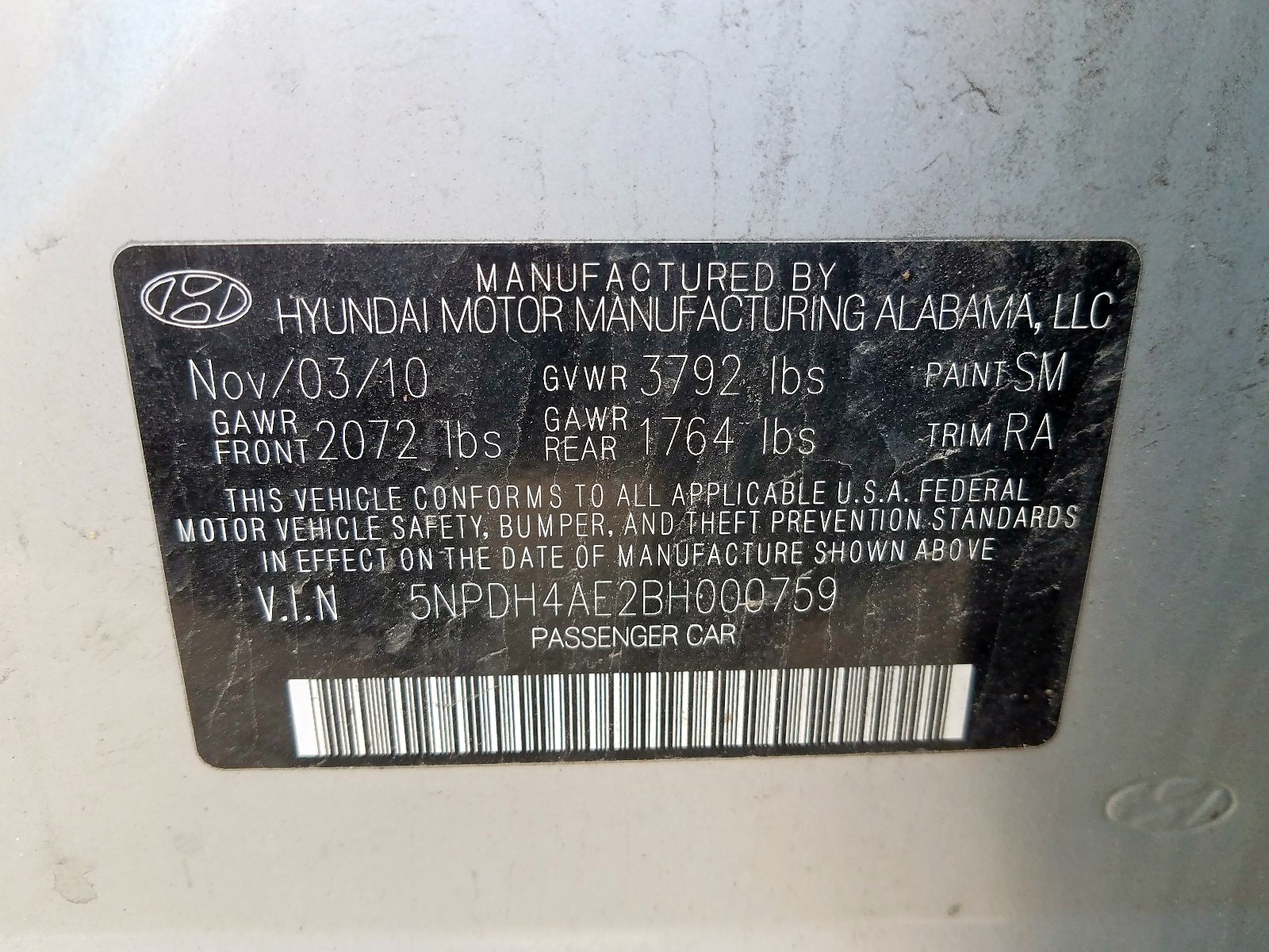 Photo 10 from auction – 2011 HYUNDAI ELANTRA GL with VIN 5NPDH4AE2BH000759
