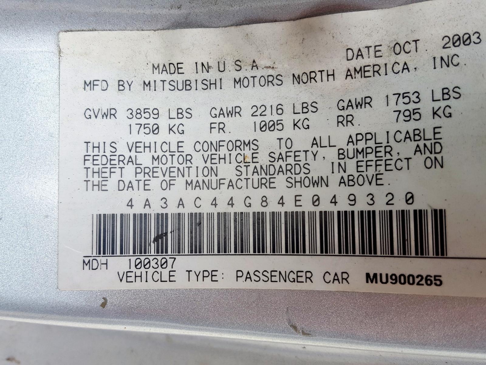 Photo 10 from auction – 2004 MITSUBISHI ECLIPSE GS with VIN 4A3AC44G84E049320