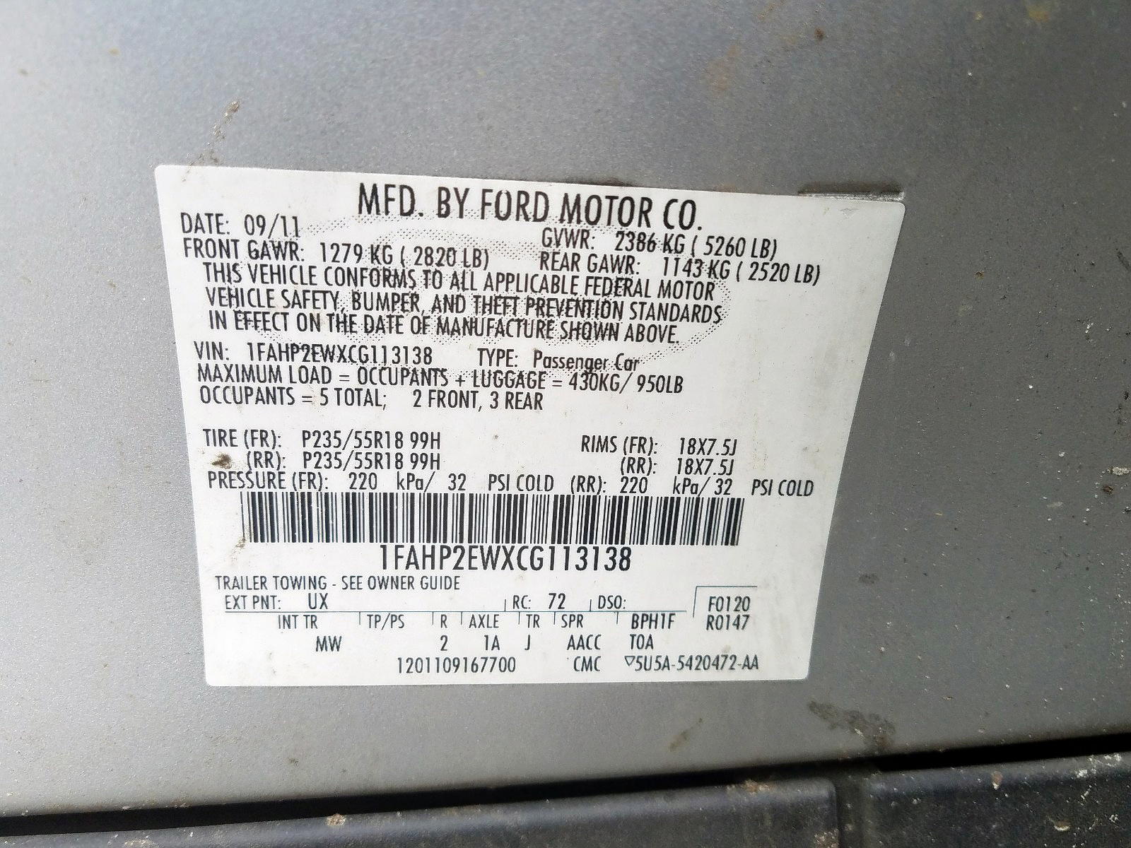Photo 10 from auction – 2012 FORD TAURUS SEL with VIN 1FAHP2EWXCG113138