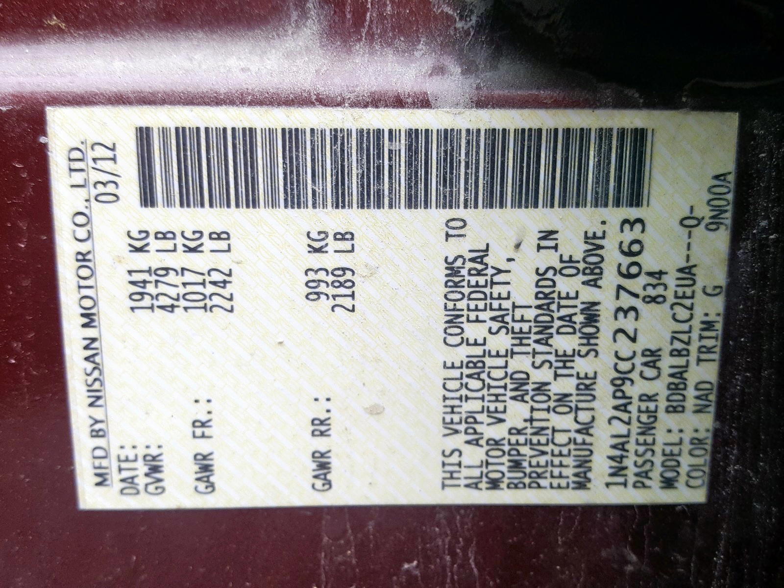 Photo 10 from auction – 2012 NISSAN ALTIMA BAS with VIN 1N4AL2AP9CC237663