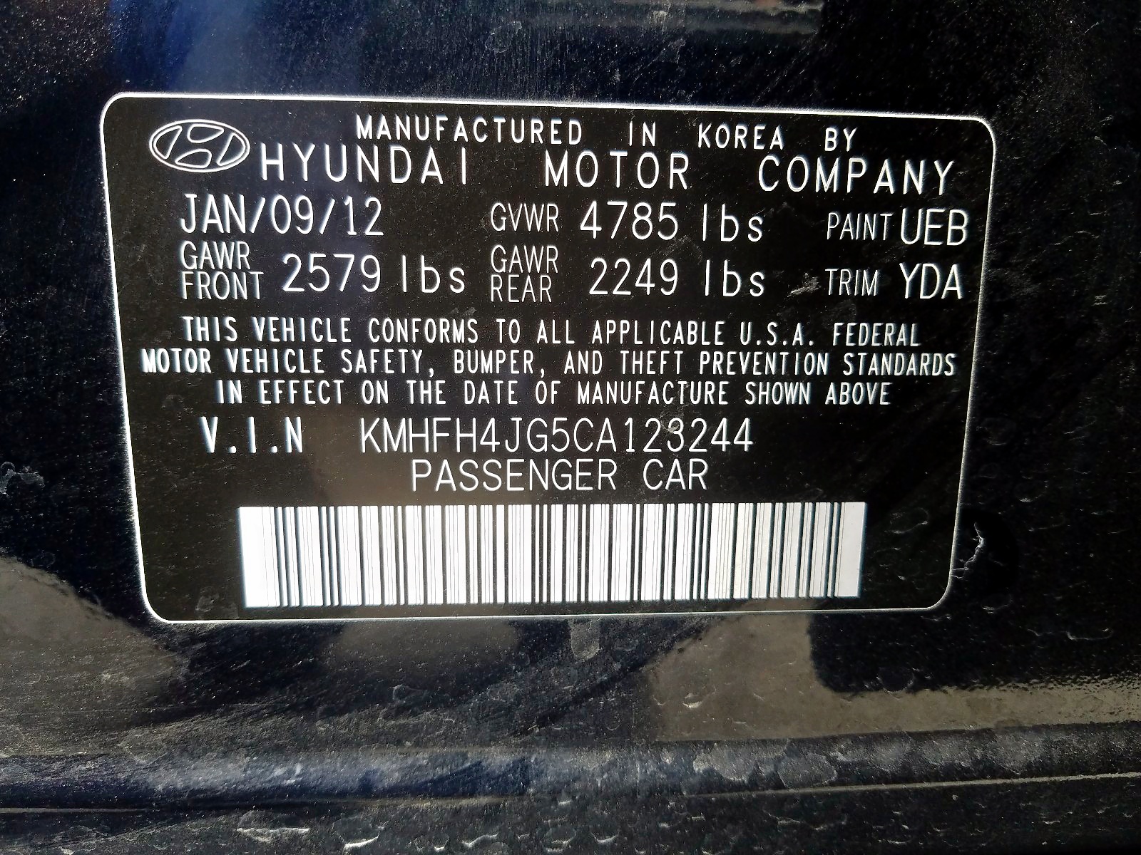 Photo 10 from auction – 2012 HYUNDAI AZERA GLS with VIN KMHFH4JG5CA123244