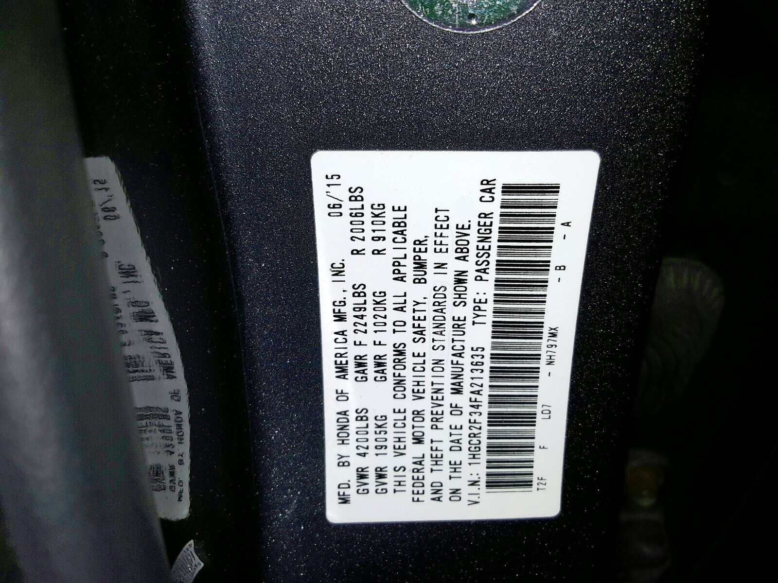 Photo 10 from auction – 2015 HONDA ACCORD LX with VIN 1HGCR2F34FA213635
