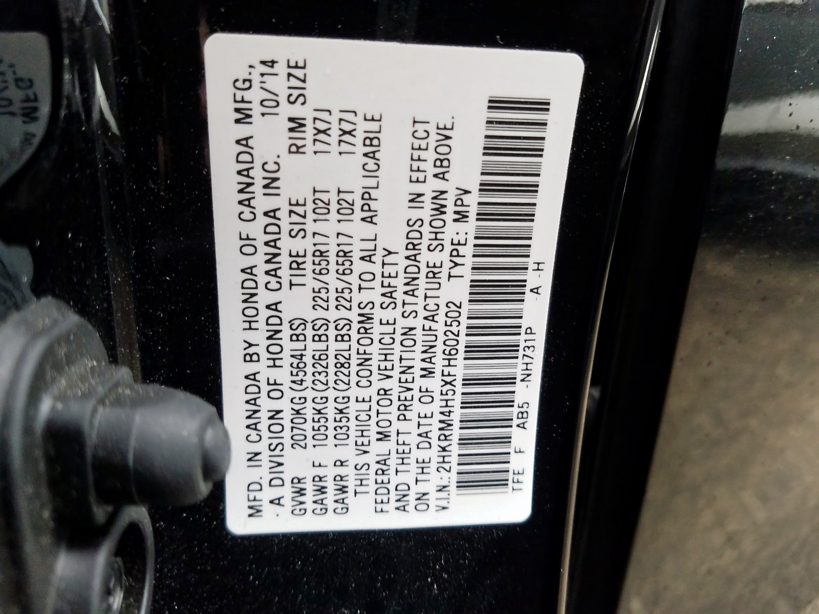 Photo 10 from auction – 2015 HONDA CR-V EX with VIN 2HKRM4H5XFH602502