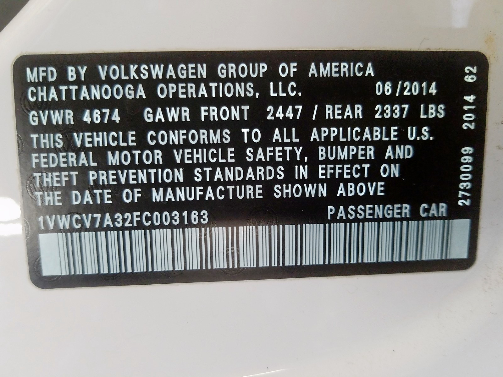 Photo 10 from auction – 2015 VOLKSWAGEN PASSAT SEL with VIN 1VWCV7A32FC003163