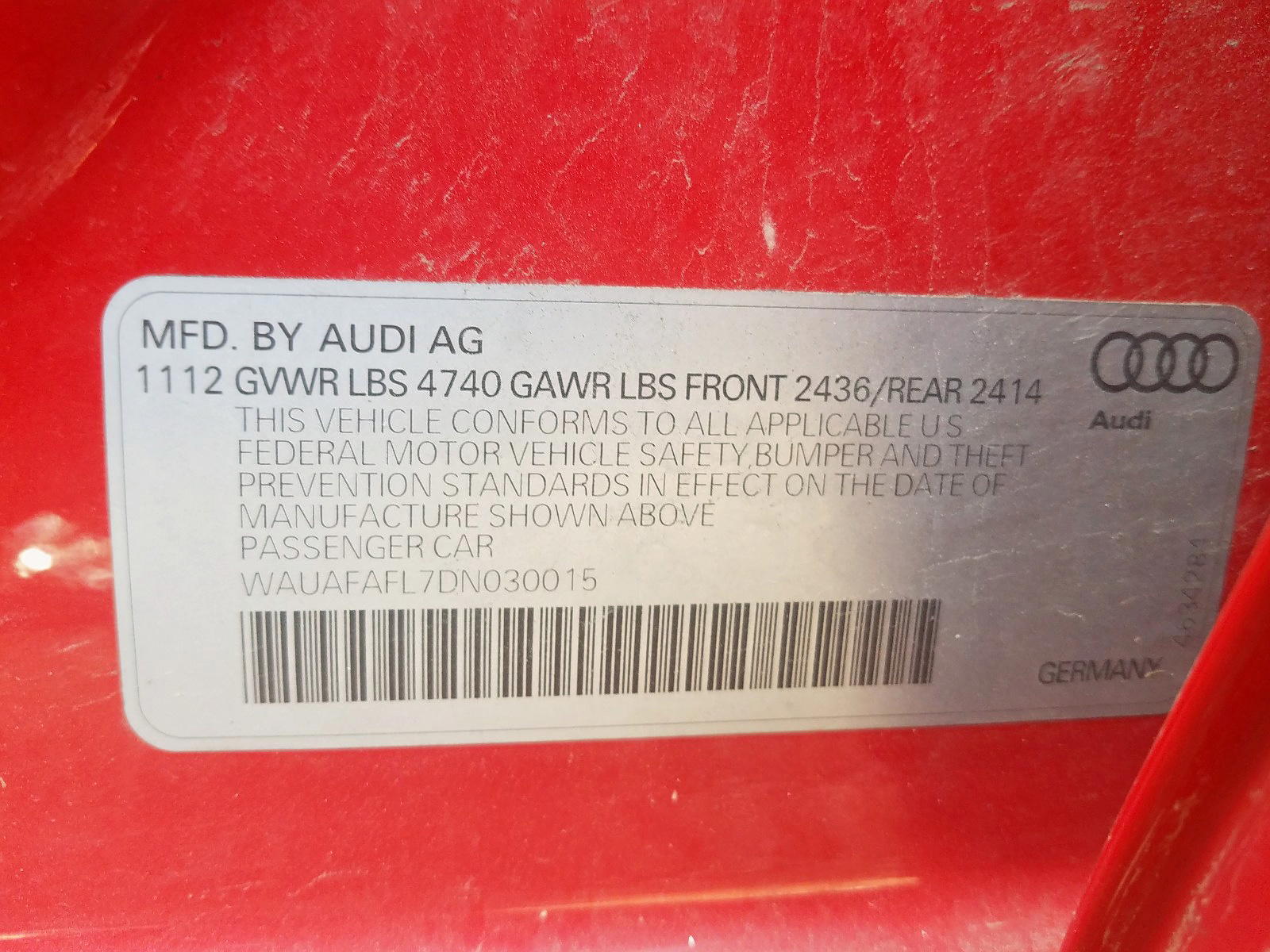 Photo 10 from auction – 2013 AUDI A4 PREMIUM with VIN WAUAFAFL7DN030015
