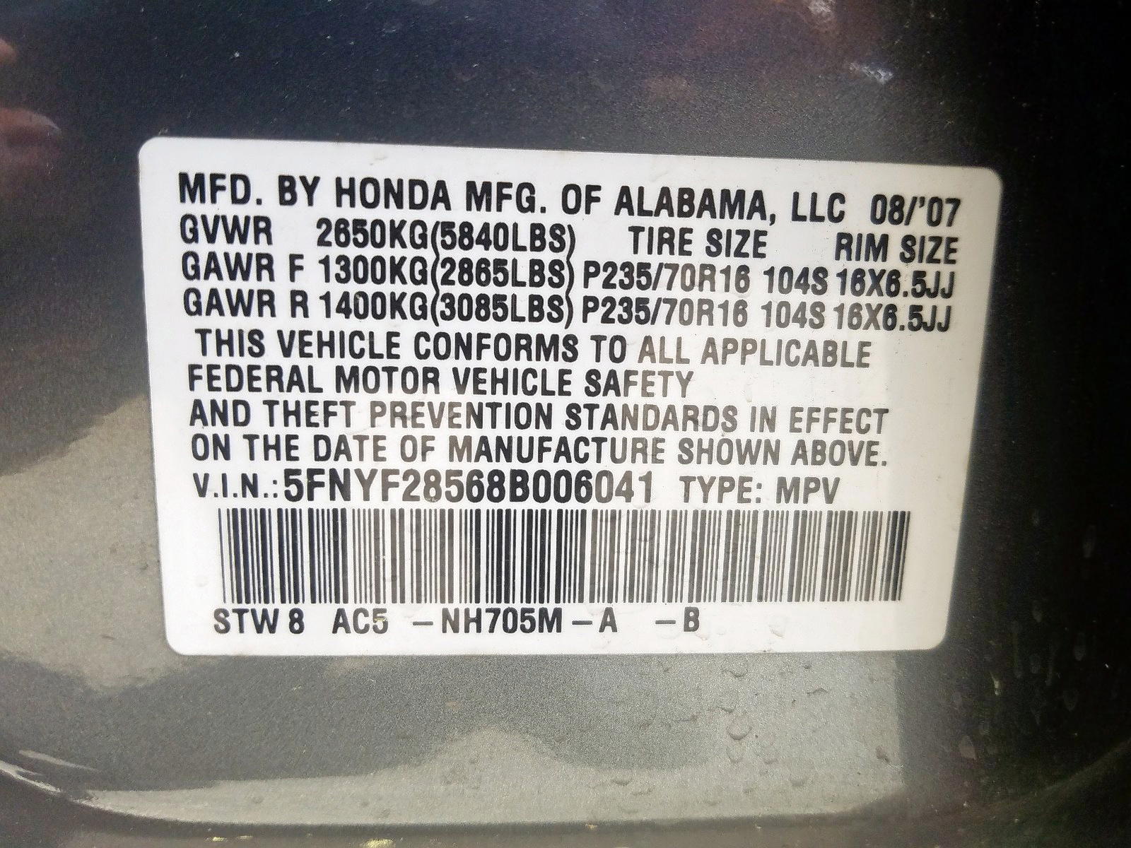 Photo 10 from auction – 2008 HONDA PILOT EXL with VIN 5FNYF28568B006041