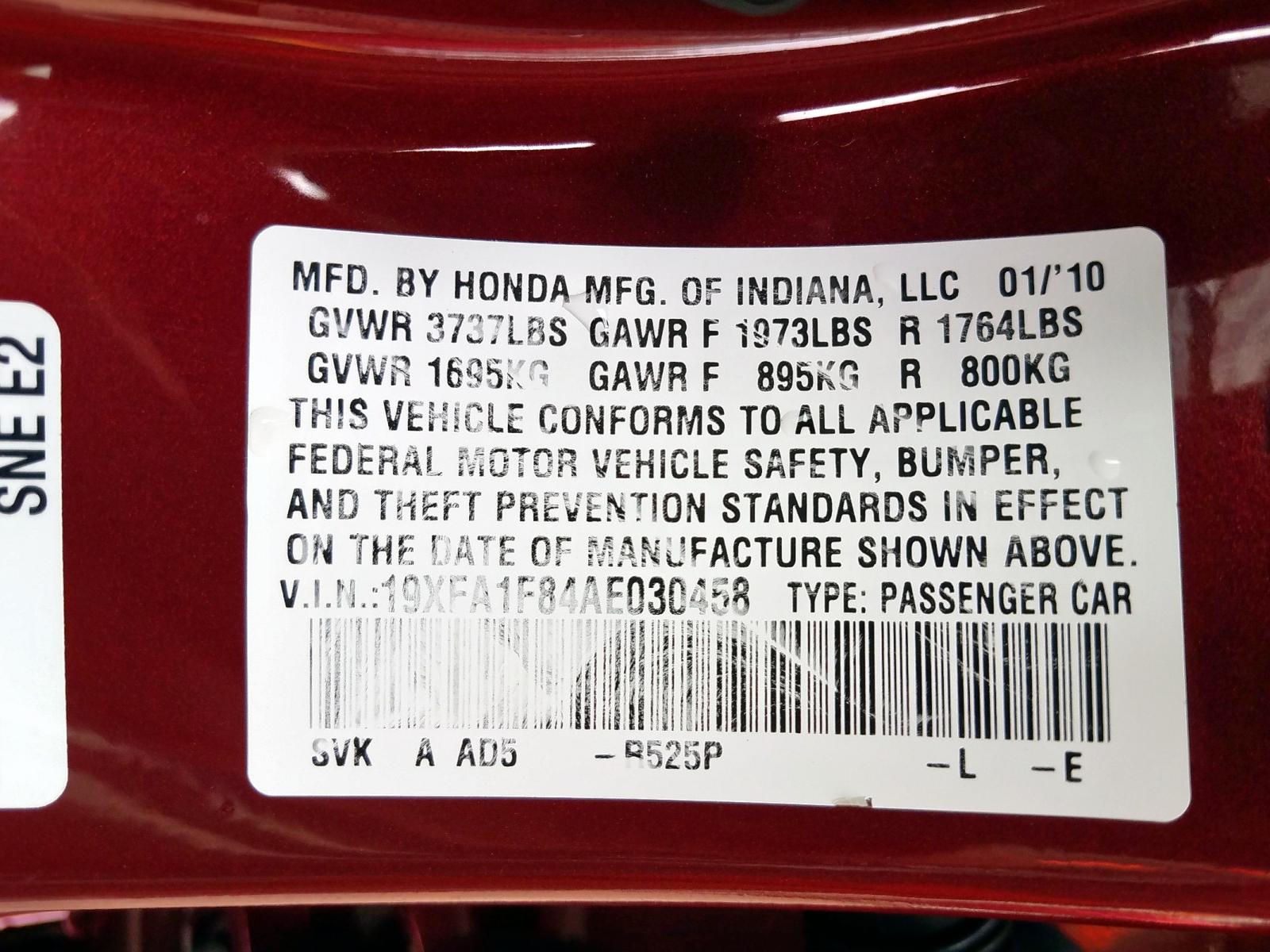 Photo 10 from auction – 2010 HONDA CIVIC EX with VIN 19XFA1F84AE030458