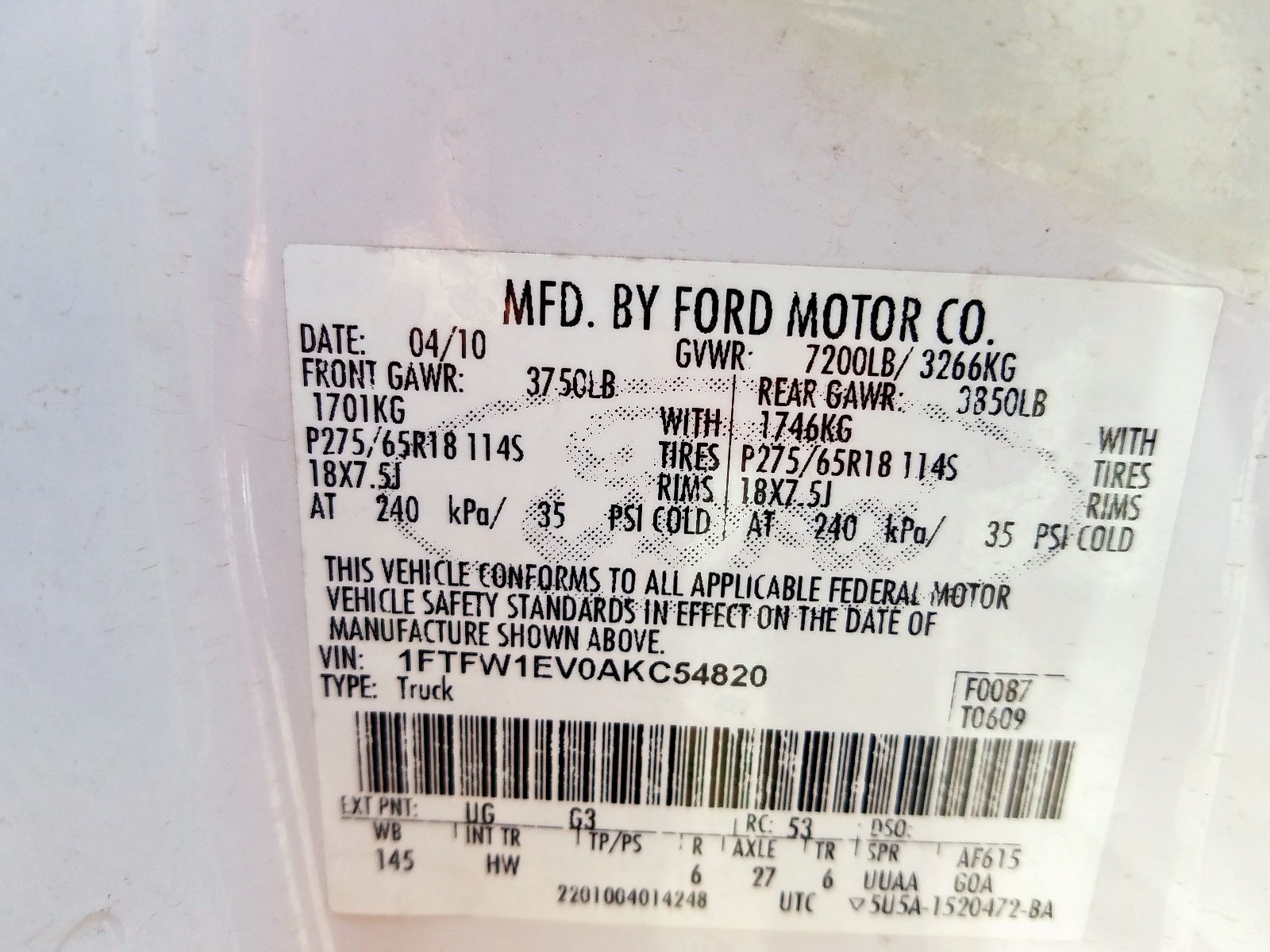 Photo 10 from auction – 2010 FORD F150 SUPER with VIN 1FTFW1EV0AKC54820