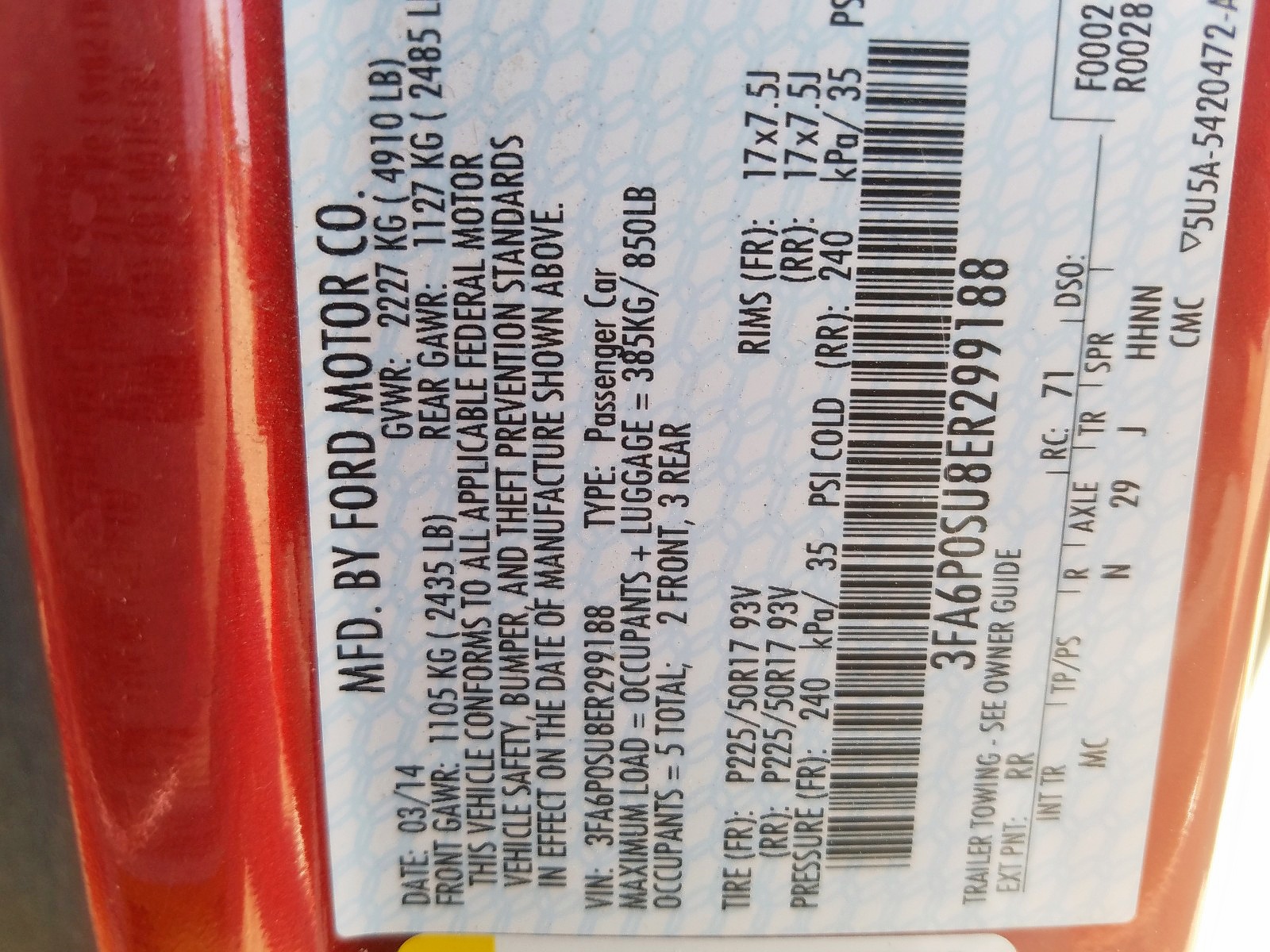 Photo 10 from auction – 2014 FORD FUSION TIT with VIN 3FA6P0SU8ER299188
